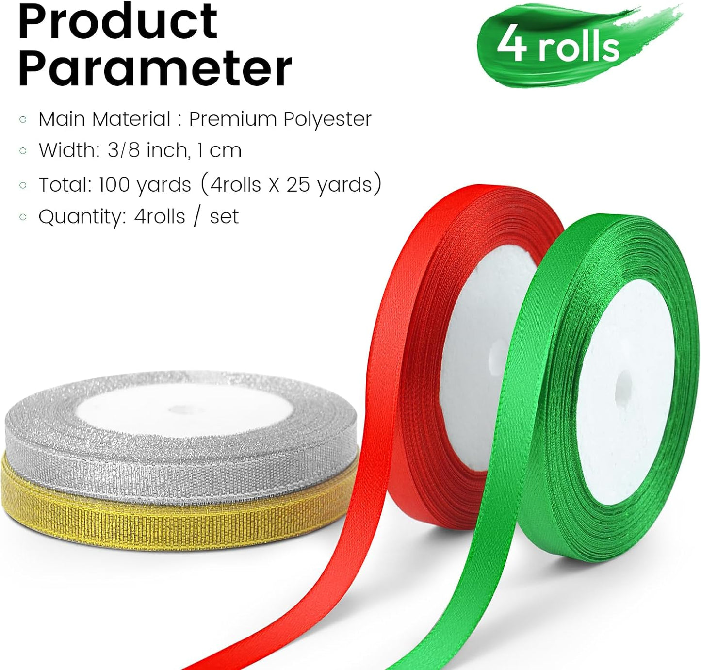 4 Rolls 3/8" Christmas Glitter & Satin Ribbons Set, Total 100 Yards Xmas Holiday Ribbon for Gift Wrapping, Crafts, Festival Ornaments, Wedding Party Decoration