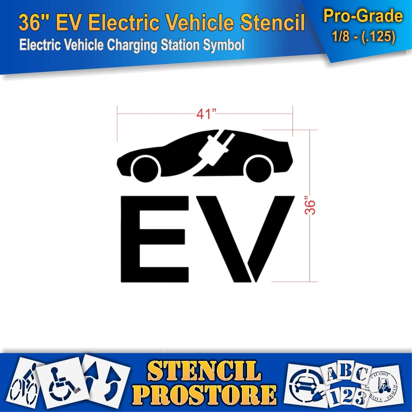 Pavement Stencils - 36 in - Electric Vehicle Silhouette with Plug and EV Letters - 35'' x 41'' x 1/8" (128 mil) - Pro-Grade