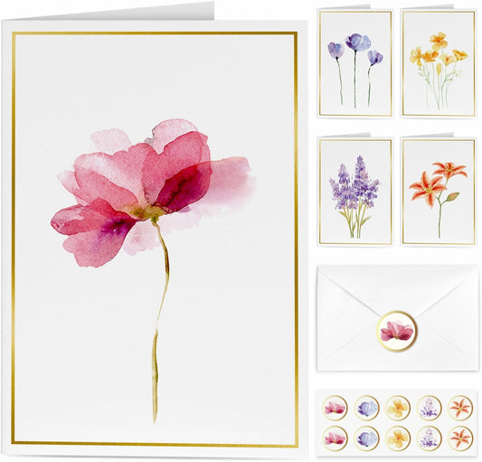 Blank Cards, 30 Pack Blank Greet Cards, Elegant Gold Foil Blank Note with Envelopes, Perfect Stationary Set For All Occasions, 5 Assorted Floral Designs