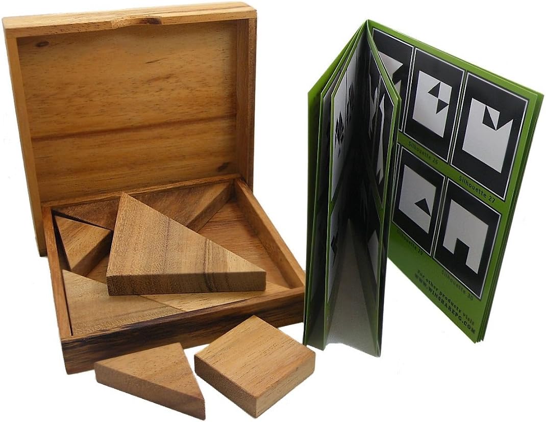 Tangram Wooden Puzzle Geometry Game, with 48 Silhouette Tangrams Challenge Booklet