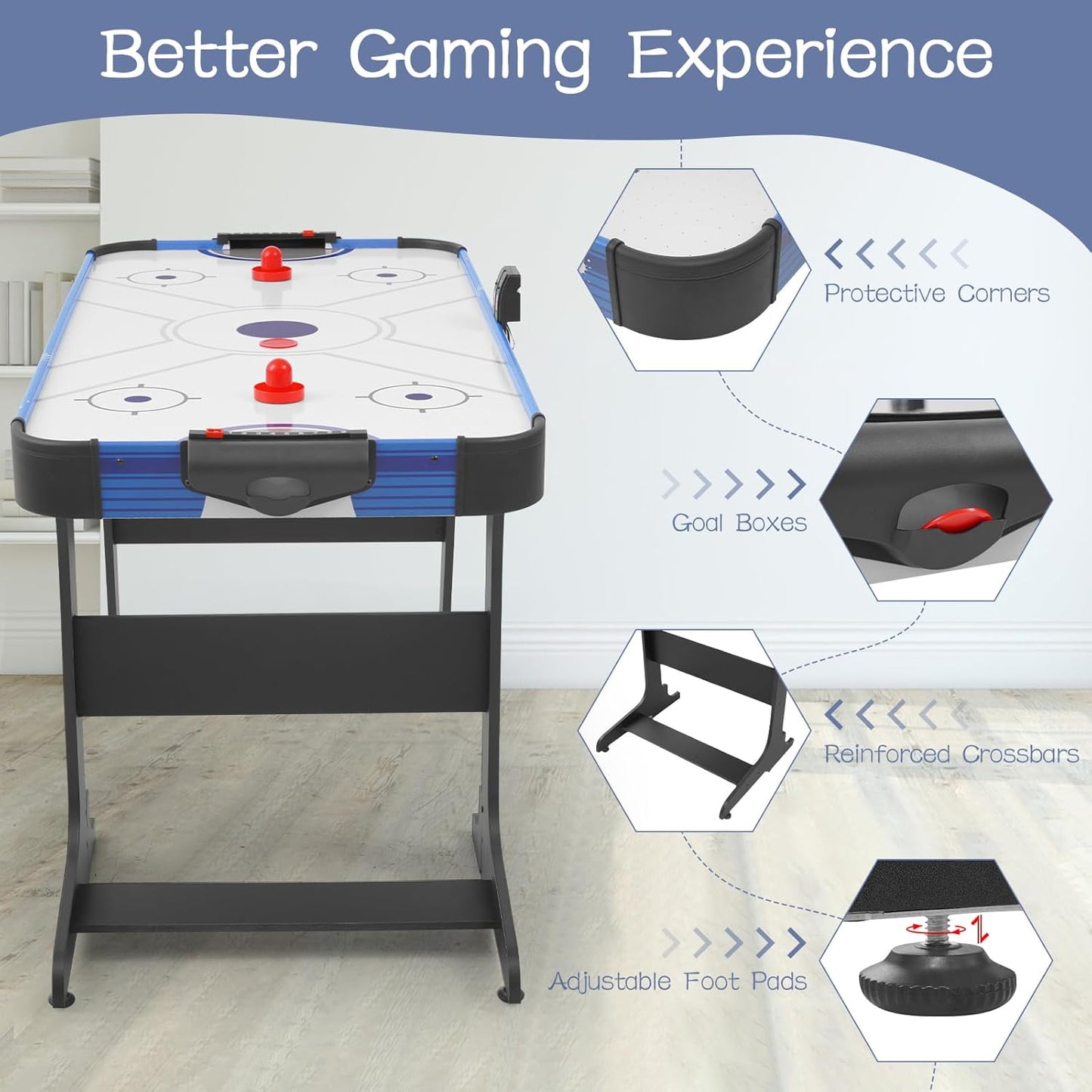 58" Foldable Air Hockey Table, Folding Indoor Hockey Game Table for Adults&Kids, Portable Arcade Game Set w/ 2 Pucks, 2 Pushers, LED Scorer, Powerful by 12V Motor for Game Room, Home, Office