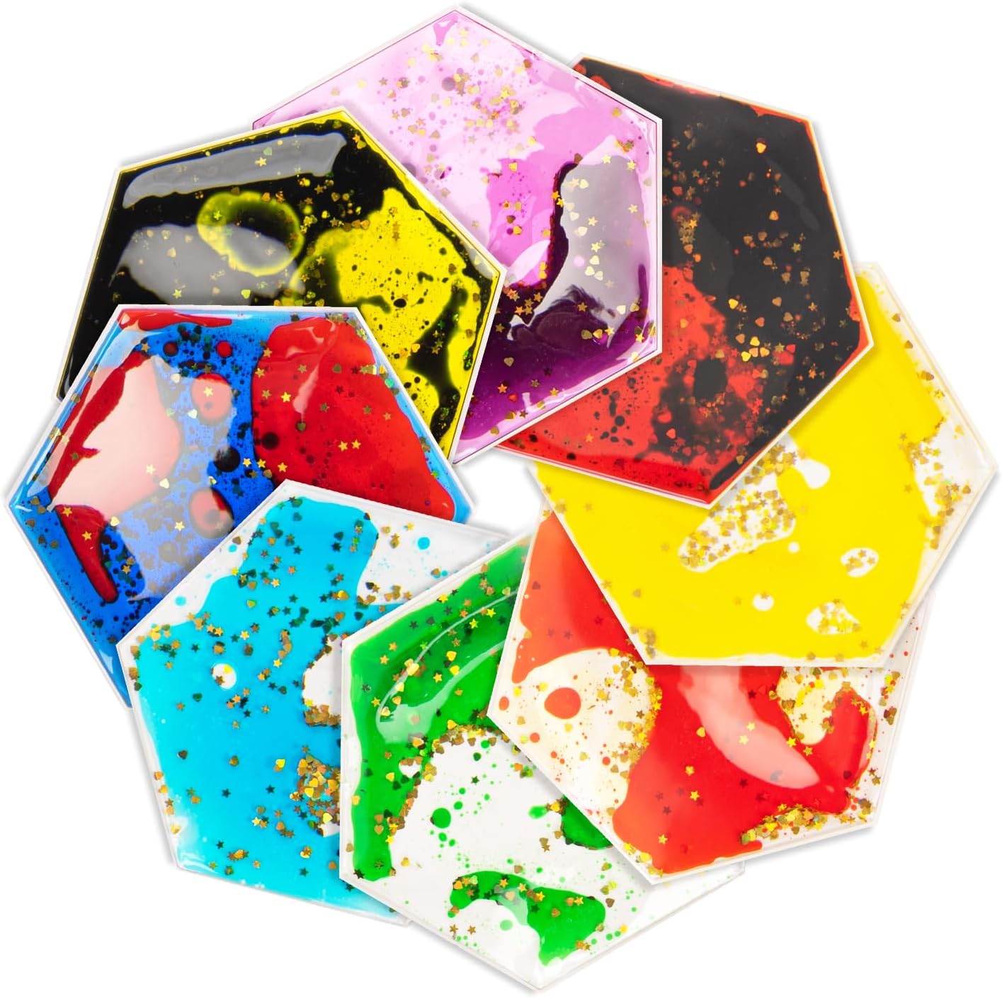 LONGKING 8-Pack Hexagon Liquid Tiles for Kids, Soft Gel Liquid Sensory Toys for Autistic Children, Sensory Mats, Sensory Toys for Toddlers 3-4