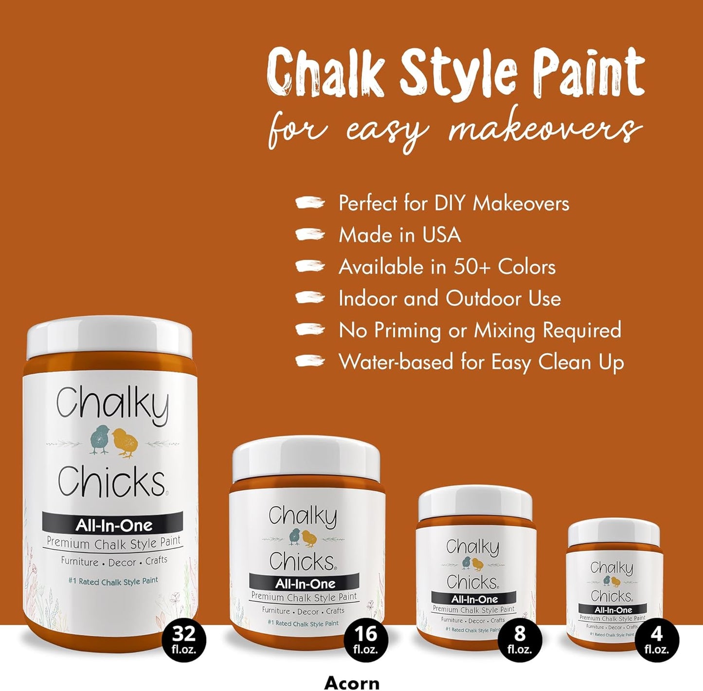 Chalky Chicks All-in-One Chalk Paint for Furniture or Cabinet - 4 Fl Oz - Matte Finish Acorn Orange for Metal, Wood Furniture Paint - No Sanding All-in-One for Home Decor & Crafts, USA Made