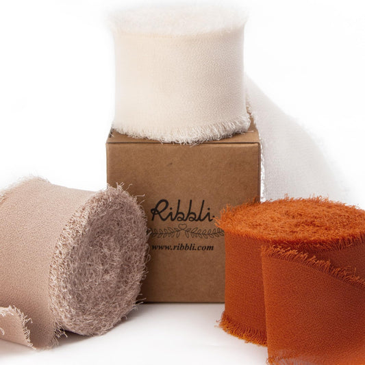 Ribbli Fall Chiffon Ribbon 1.5 inch x 30 Yard Handmade Silk, Cream/Beige/Terracotta Fringe Chiffon Ribbon for Wedding Invitations, Bridal Bouquets Wrapping, Flower Arrangement Decoration