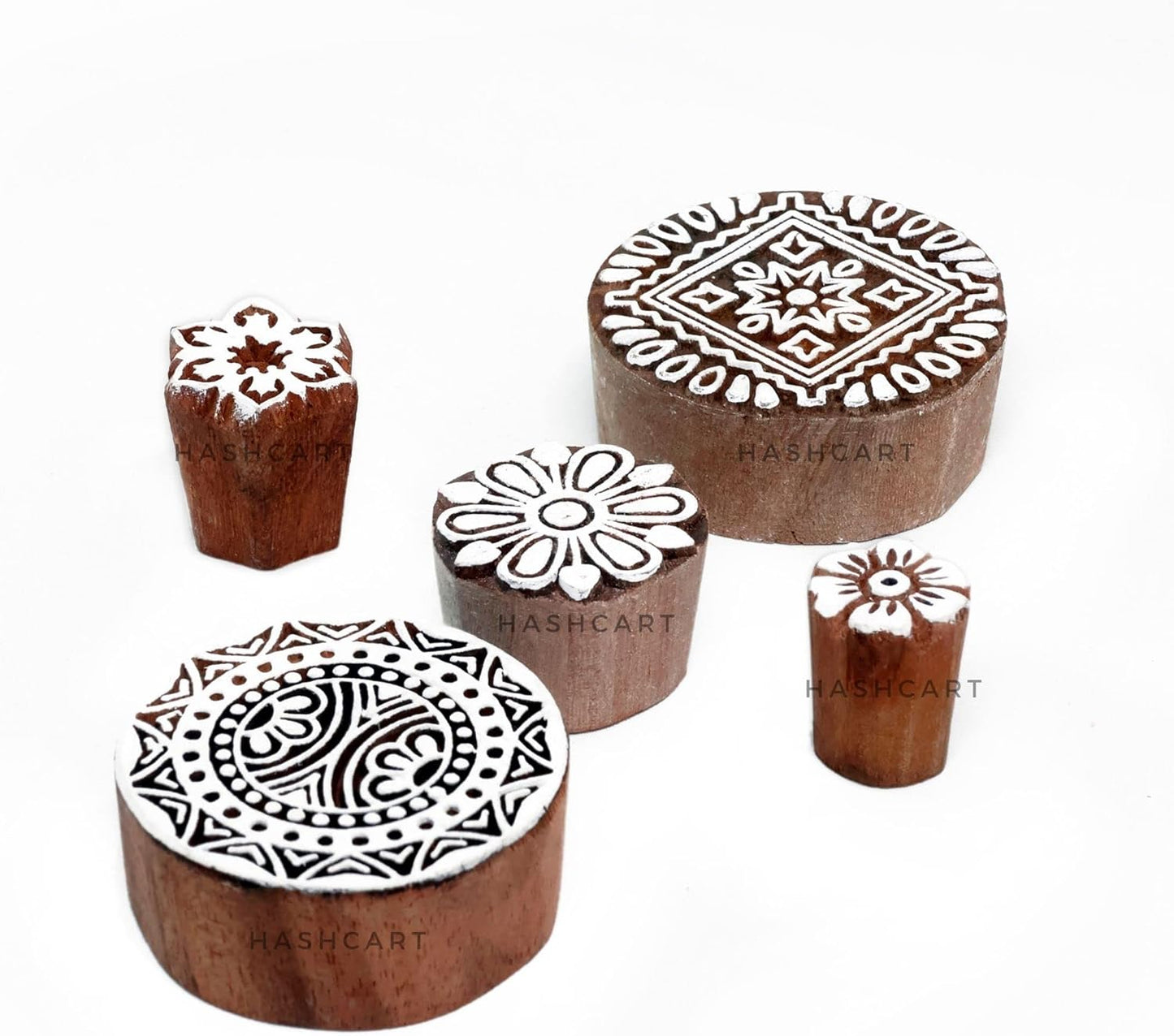 Wooden Stamps for Block Printing on Saree Border, Textile, Clay, Pottery, Tattoo - Indian Textile Printing Blocks | Set of 5 | Hashcart®