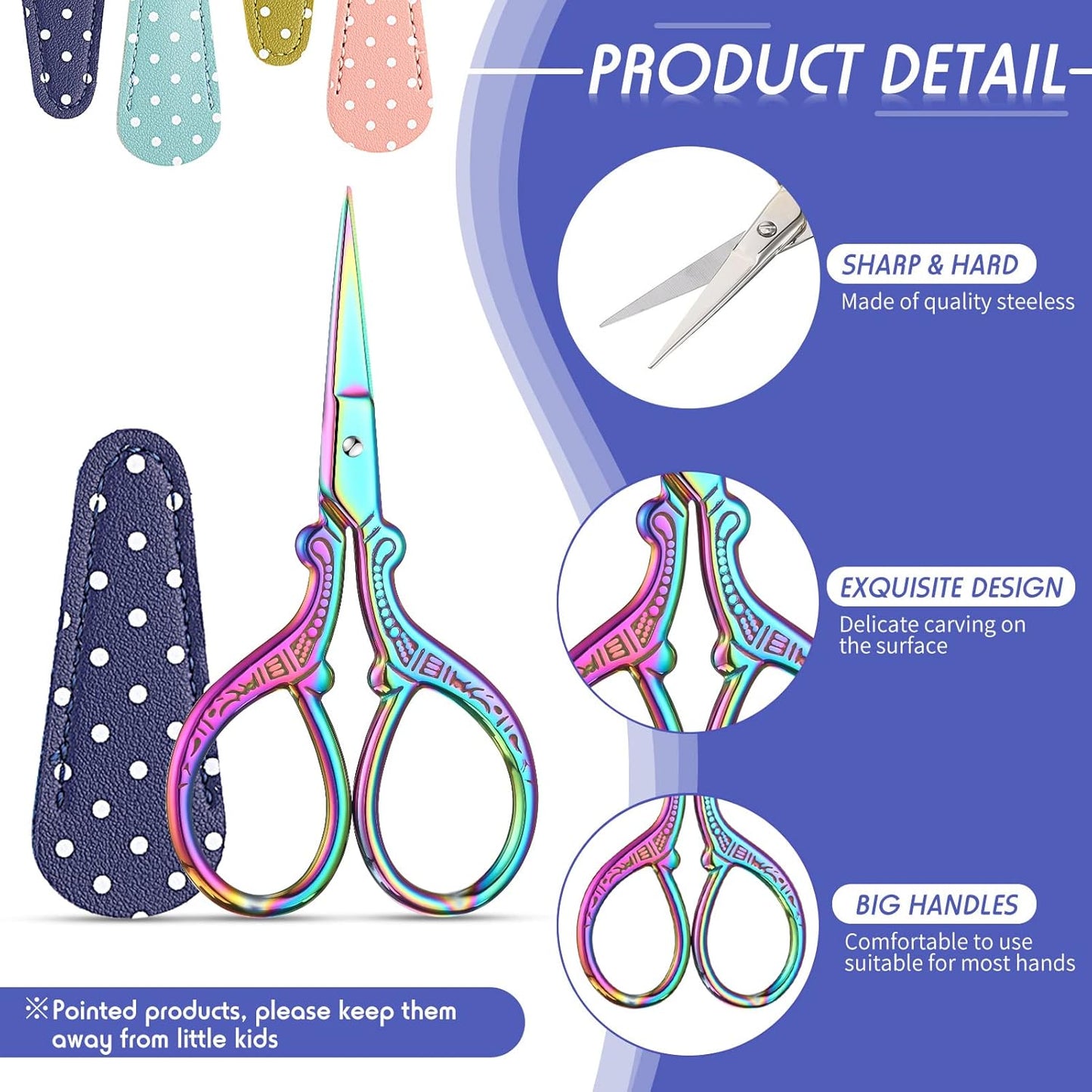 Honoson 4 Pcs Sewing Embroidery Scissors with 4 Pcs Artificial Leather Cover 3.6 Inch Stainless Steel Stork Scissors Vintage Embroidery for Needlework Manual Sewing Handicraft(Fresh Colors)