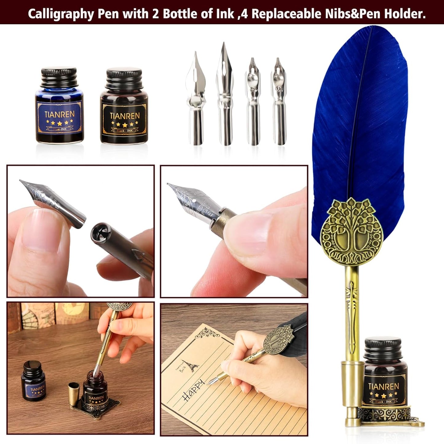 Quill pen ink set,Feather Pen and Ink Set,Antique Calligraphy Pen with 4 Replaceable Nibs,2 Bottle of ink,Feather Dip Pen Holder Christmas Gift for Men&Women.(Blue)