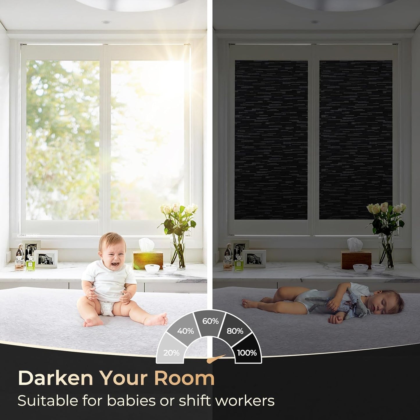 rabbitgoo Blackout Window Film, Sun Blocking Privacy Film for Room Darkening, Removable Black Out Vinyl Cover Tint for Home Day Sleep, Anti-UV Frosted Glass Clings, Black, 35.4 x 157.4 Inches