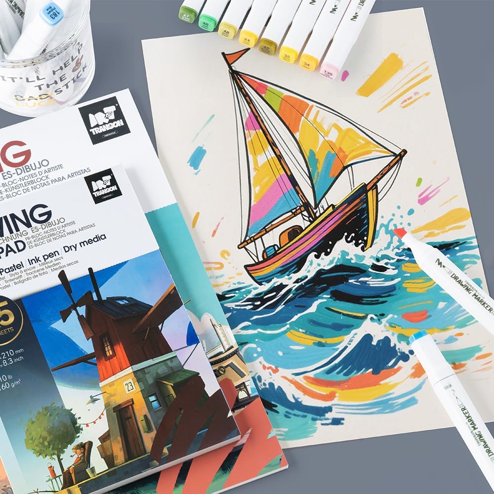TRANSON Artist Mix Media Sketchbook Marker Pad, 5.8”x8.3” 65 Sheets A5 Art Papers, 110lb/160gsm for Painting, Drawing and Sketching