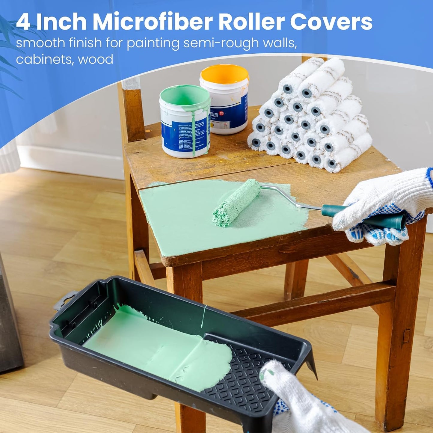 Mister Rui Microfiber Paint Roller Covers, 20 Pack 4 Inch Microfiber Roller Covers with Roller Frame, Mini Rollers for Painting, Small Roller Cover Use with All Paints and Stains