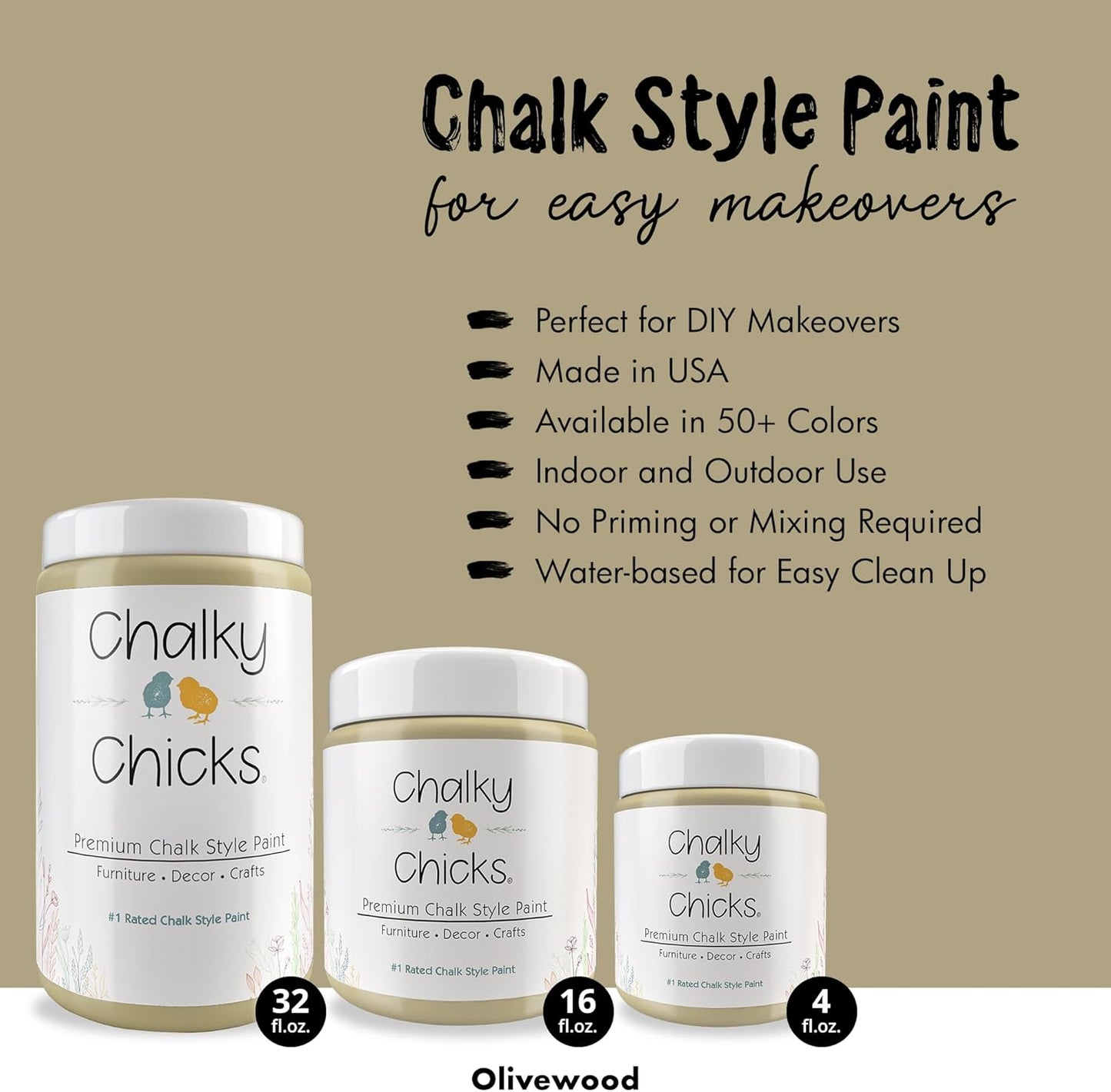 Chalky Chicks All-in-One Chalk Paint for Furniture or Cabinet - 16 Fl Oz - Matte Finish Olive Wood (Taupe) for Metal, Wood Furniture Paint - No Sanding All-in-One for Home Decor & Crafts, USA Made