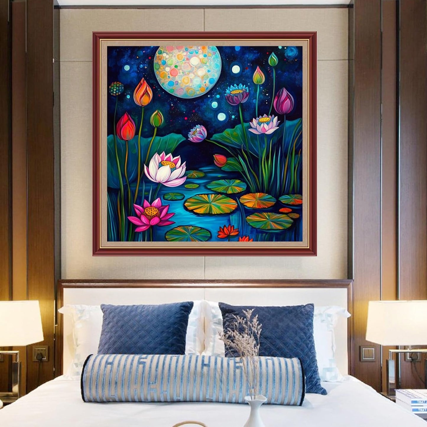 DMCXART Counted Cross Stitch Kits for Adults Needlepoint Kits Unprinted Cross Stitching Embroidery Kit 11CT Cross Stitch Supplies-Moonlight Over The Lotus Pond 18x18 inch