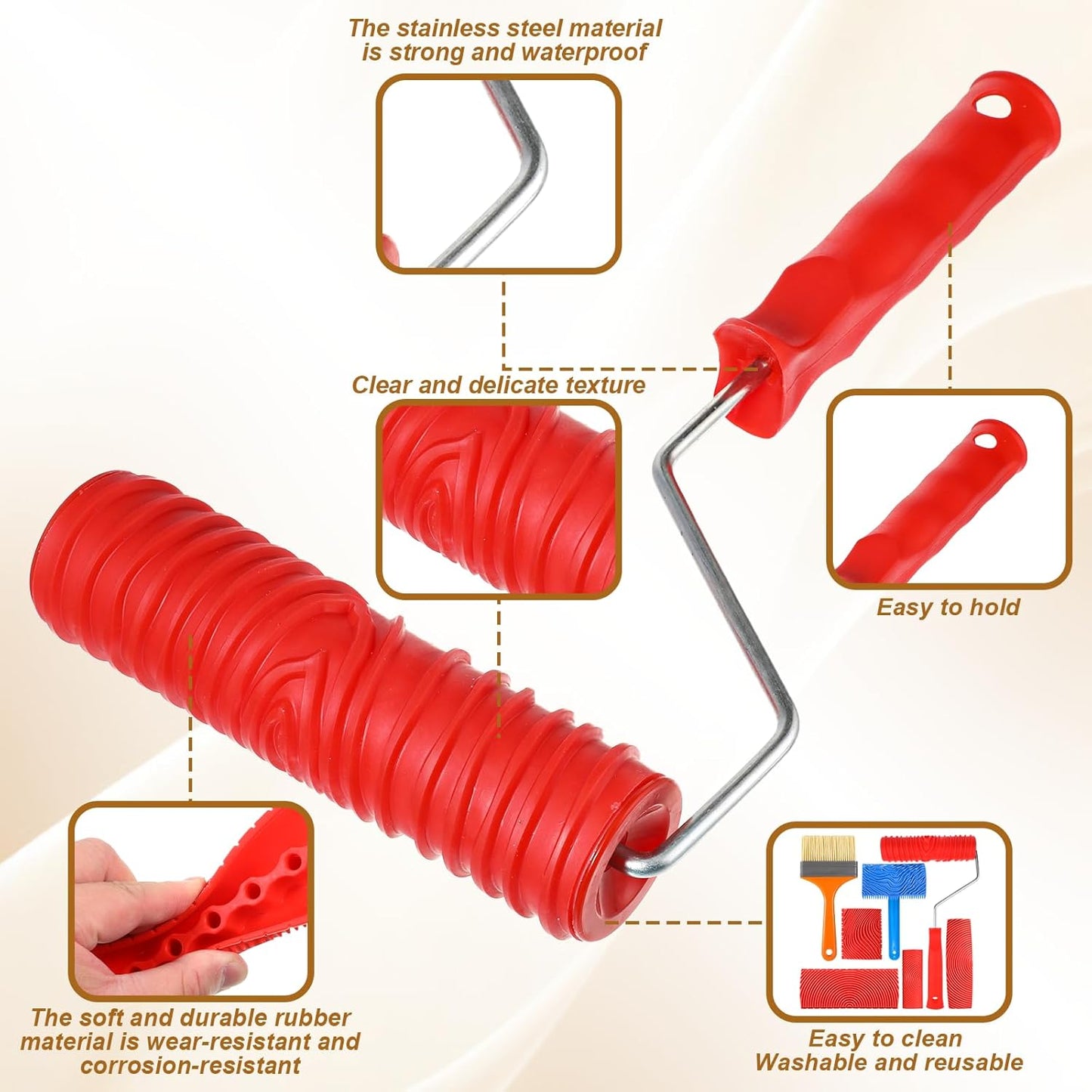 7Pcs Wood Grain Tool Fake Grain Roller Painting Tool Wood Texture Paint Tool with Handle DIY Rubber Wood Pattern Painting Roller for Wall Room Art Decoration