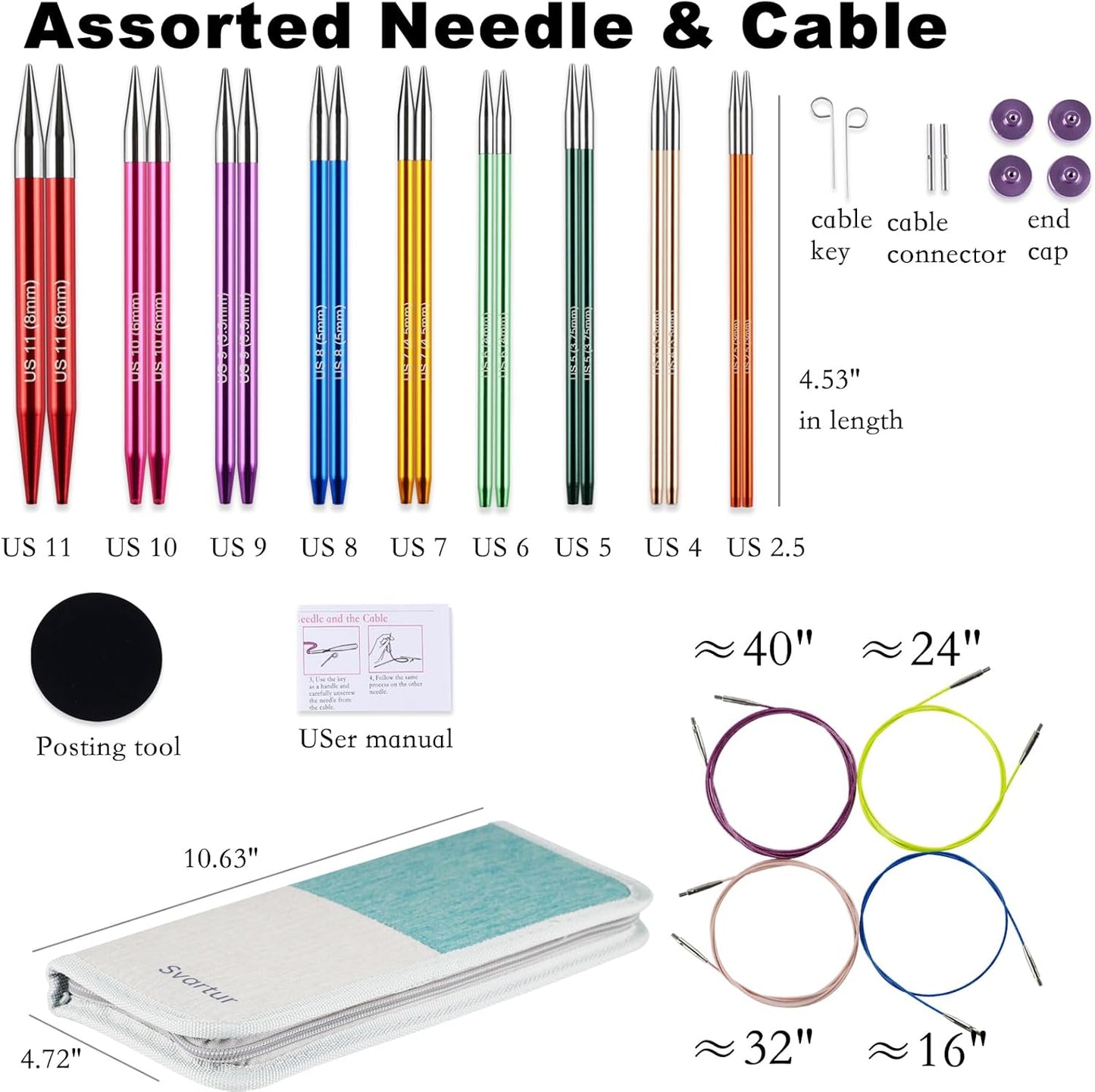Svartur Interchangeable Circular Knitting Needles Set, with Multicolored Circular Knitting Needles and Cables, Accessories and Knitting Needle Storage Case, 9 Pairs
