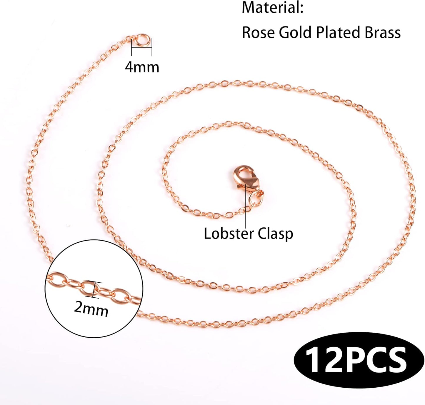ALEXCRAFT 12PCS Rose Gold Plated Solid Brass Chians Hypoallergenic Flat Cable Chain Link Bulk for Jewelry Making (18"(2MM))