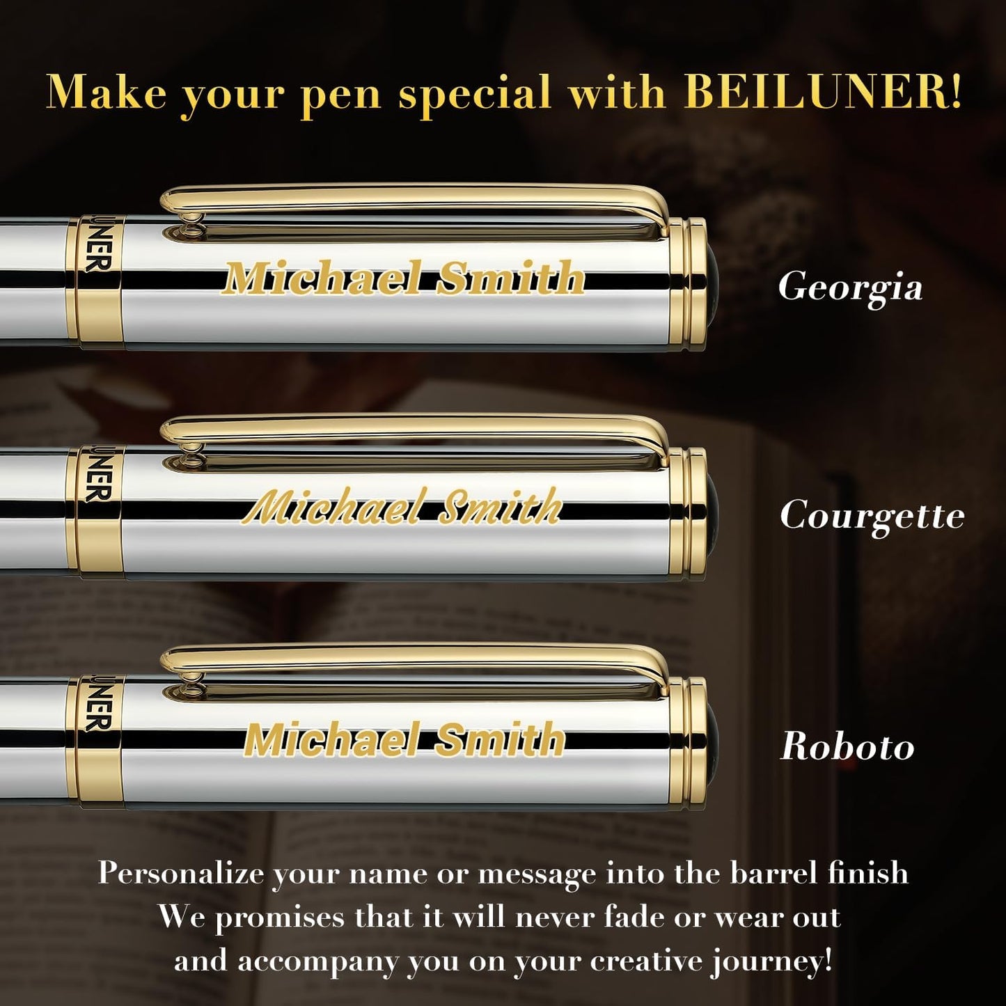 BEILUNER Silver Chrome Personalized Pen, Stunning Luxury with 24K Gold Finish,Noble and Elegant Designs,Schneider Ink Refill, Best Gift Pen for Men & Women, Graduation, Executive Office, Fancy Pens