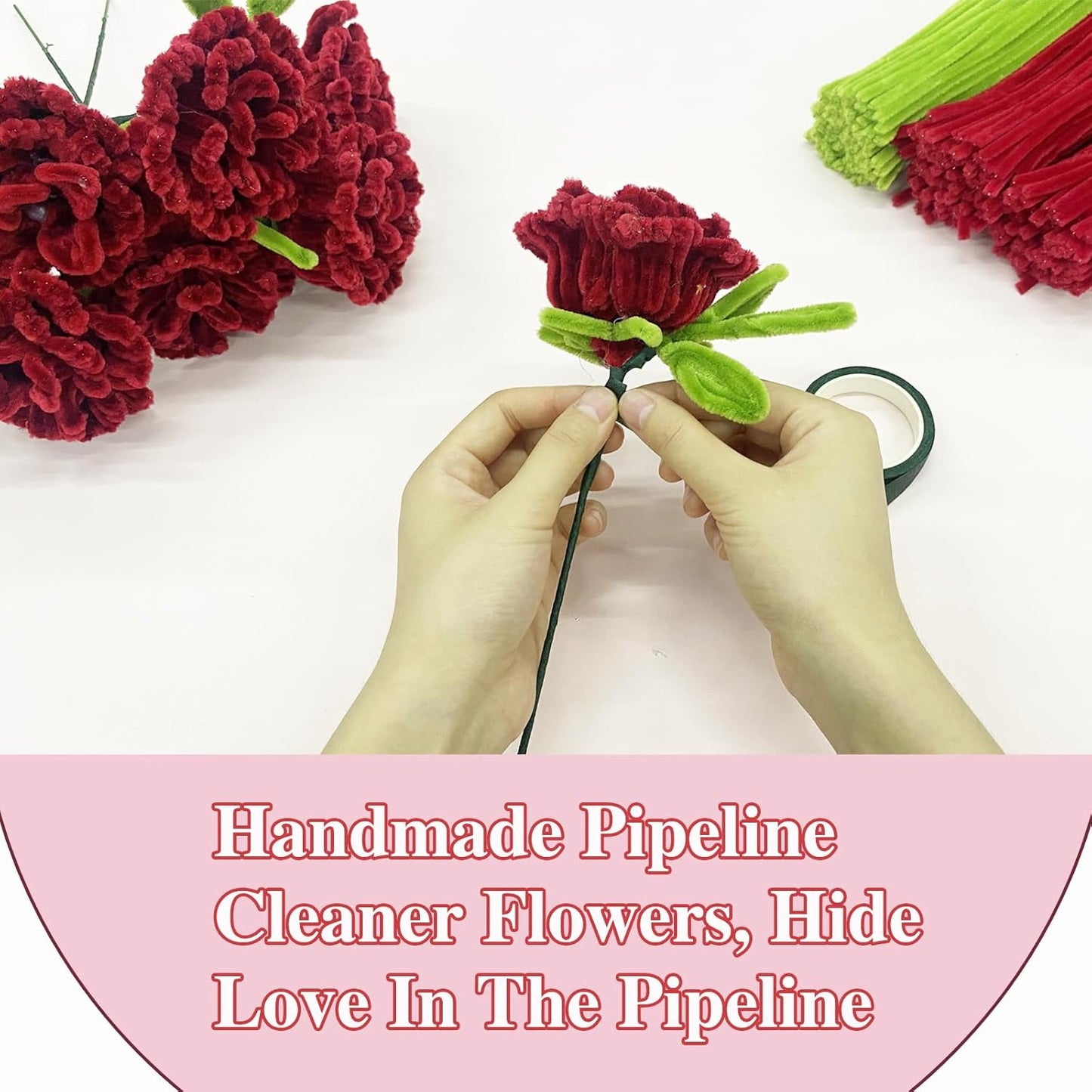 LOLEDE 300Pcs Pipe Cleaners Craft Kit, 2 Colors Chenille Stems for DIY Artificial Flower Making with Floral Wires, Gardening Tape, LED String Lights, Pearl Beads & Ribbon (Rose)