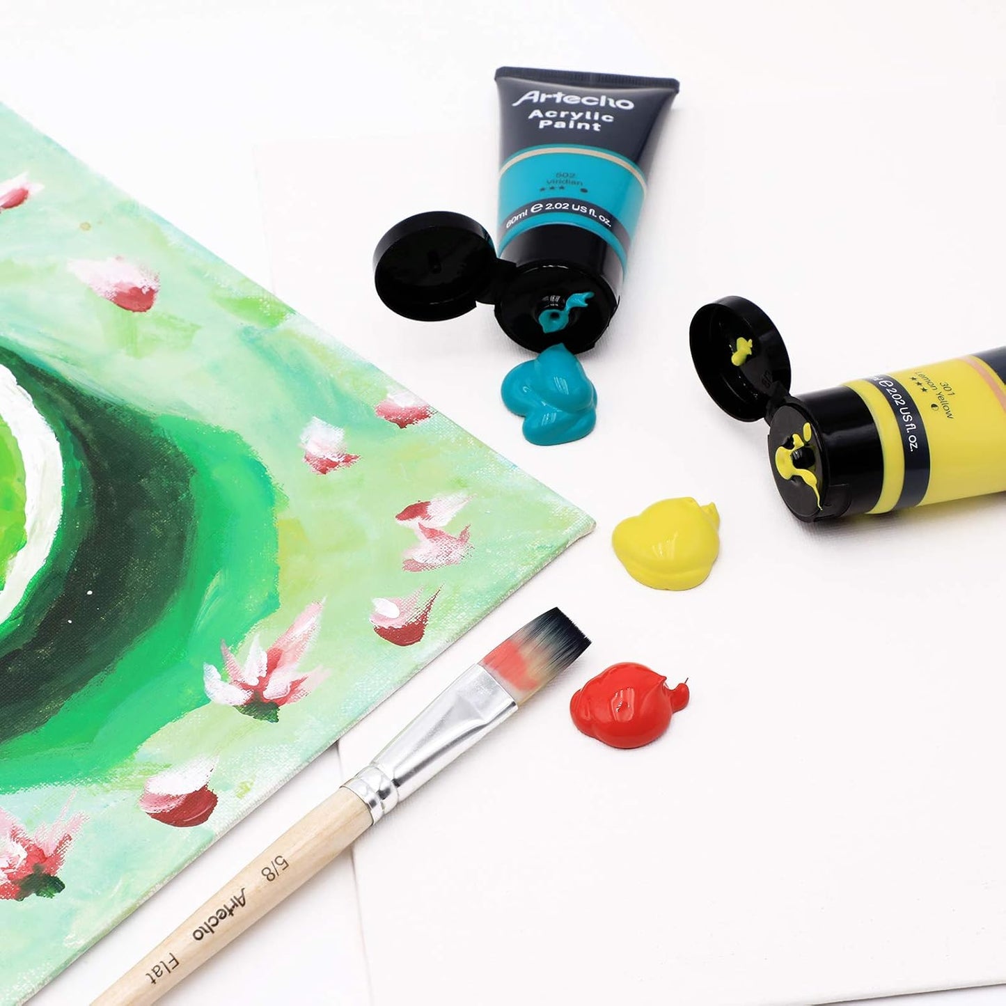 Artecho Acrylic Paint Set, 7 Primary Colors - 6x2.02oz/60ml & 1x4.05oz/120ml Titanium White Tubes, Art Craft Paints for Canvas, Rock, Wood, Fabric, Art Supplies