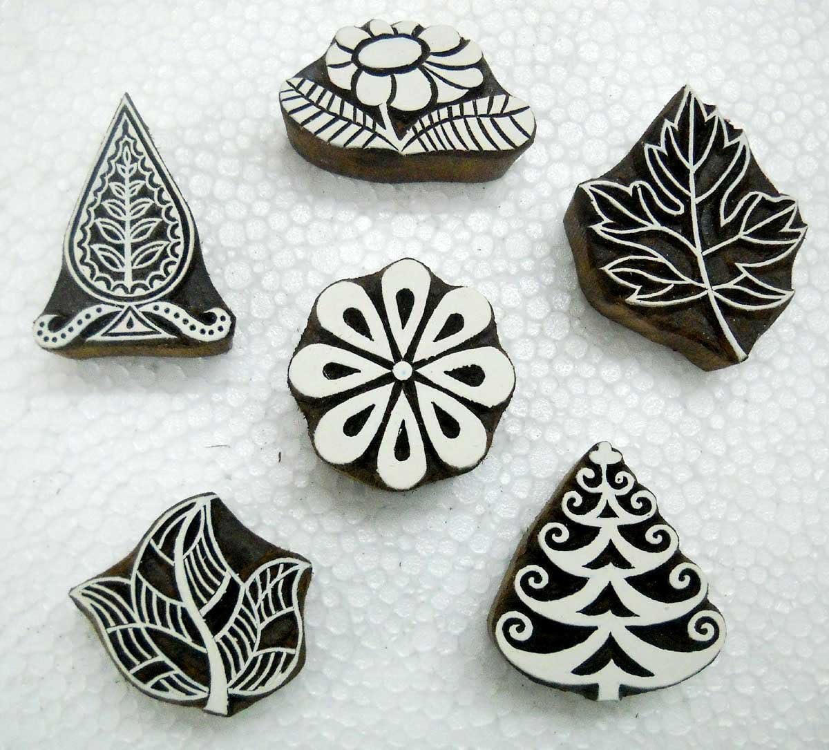 Lot of Six Floral and Leaves Design Wooden Bllock Stamps/Tattoo/Indian Textile Printing Blocks