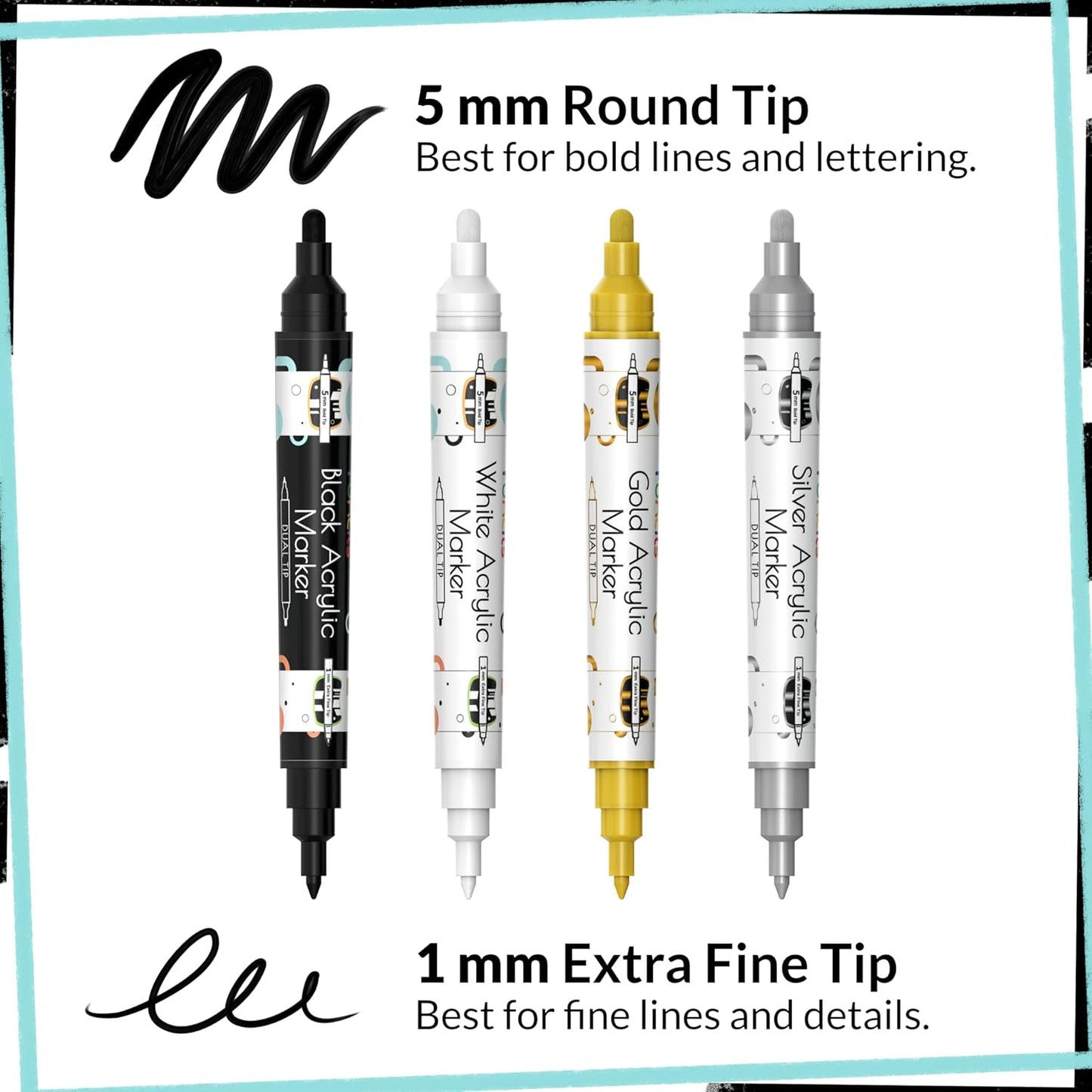 4 Dual Tip Acrylic Paint Pens - Fine Tip & Medium, Permanent & Waterproof - Acrylic Paint Markers for Rock Painting, Canvas, Wood, Ceramic, Glass, Fabric, Metal - White, Black, Gold & Silver