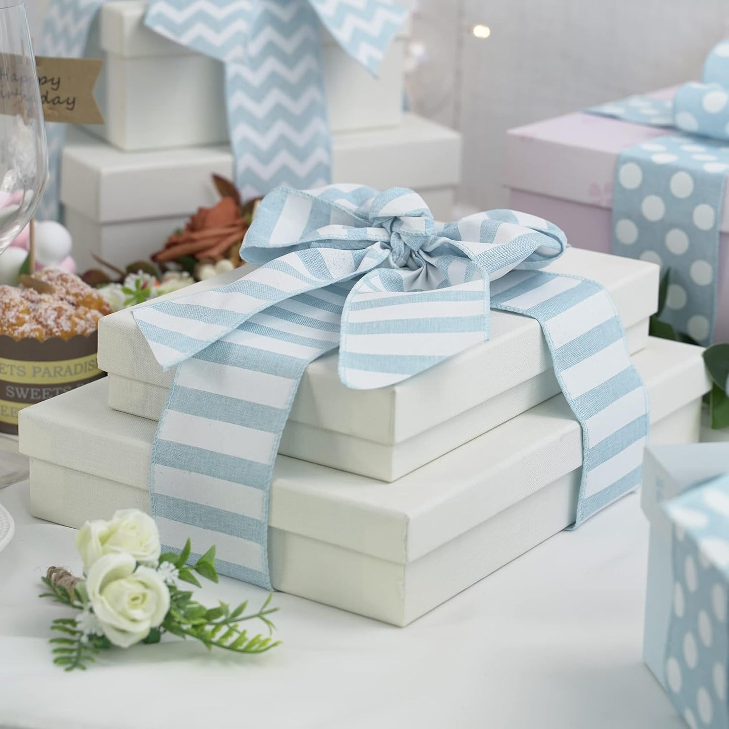 MEEDEE Blue White Stripe Ribbon 2.5 Inch Light Blue Wired Ribbon for Baby Boy Wreath, Baby Shower Elephant Wreath Diaper Cake Supplies, 10 Yards