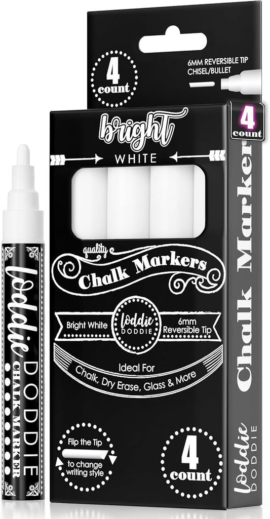 Loddie Doddie Liquid Chalk Markers - Pack of 4, White, 6mm Tip - Versatile on Glass & Mirrors with Glass Markers - Dual Bullet & Chisel Tip with Chalk Pens - Non-Toxic Quick Erase with Window Paint