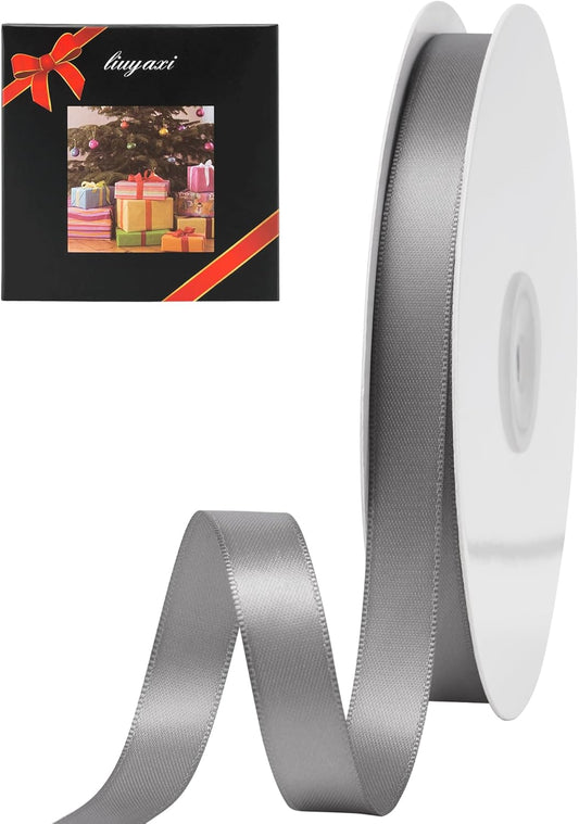 LIUYAXI Silver Stain Ribbon, 5/8" X Continuous 50 Yards, Double Faced Fabric Ribbon Perfect for Gift Wrapping Wedding Birthday Party Christmas Hair Floral Craft Baby Shower