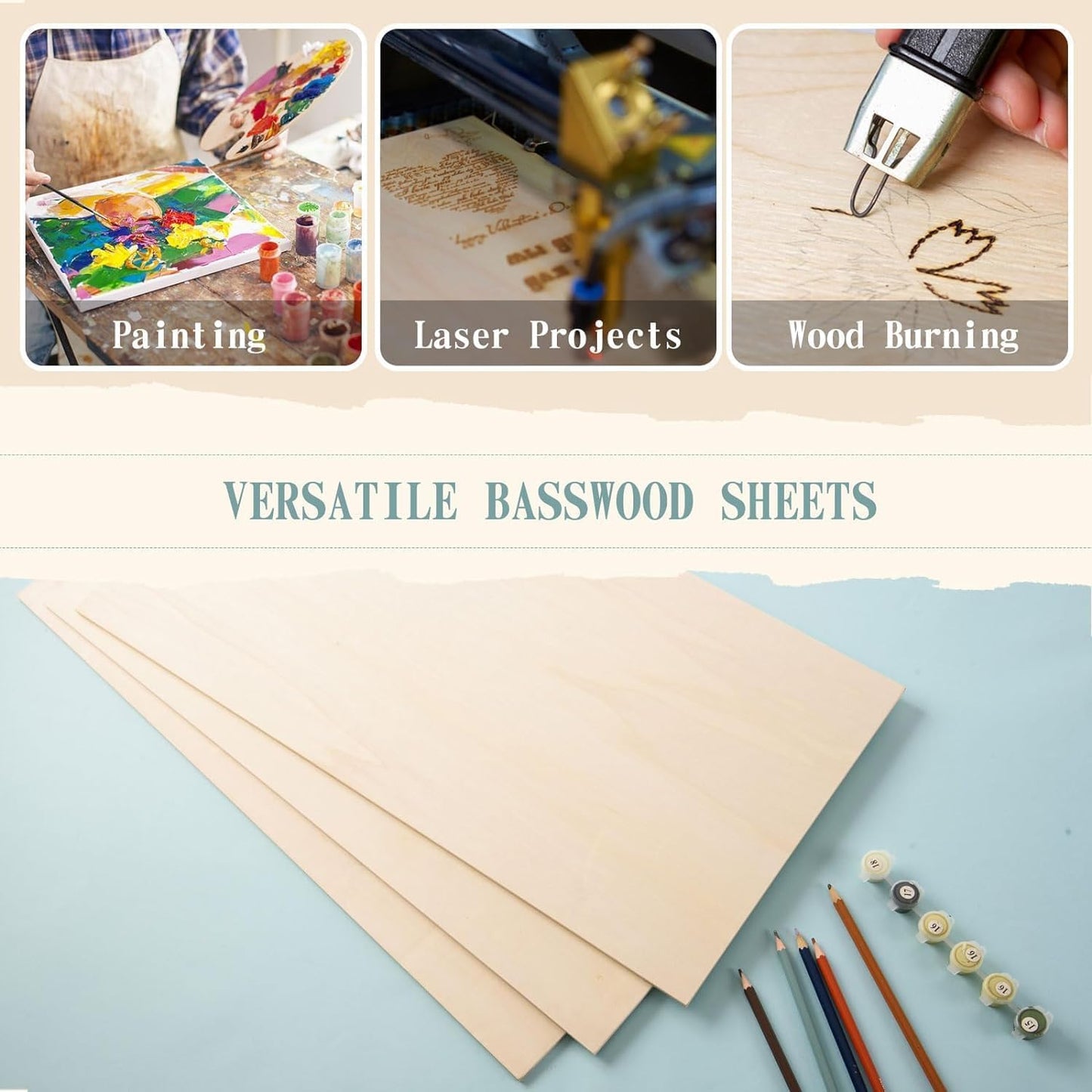 12 Pack 12 x 16 x 1/4 Inch-6mm Thick Basswood Sheets for Crafts Unfinished Plywood Boards Square Crafts Wood Sheets for DIY Laser Project, Wood Burning, Engraving, Staining, Architectural Model