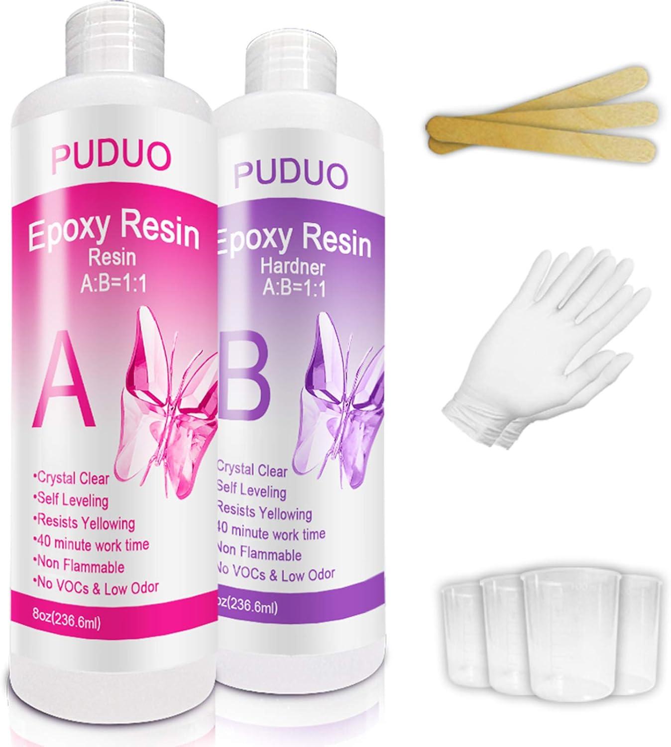 Epoxy Resin Crystal Clear Kit for Art, Jewelry, Crafts, Coating- 16 OZ Including 8OZ Resin and 8OZ Hardener | Bonus 4 pcs Measuring Cups, 3pcs Sticks, 1 Pair Rubber Gloves by Puduo