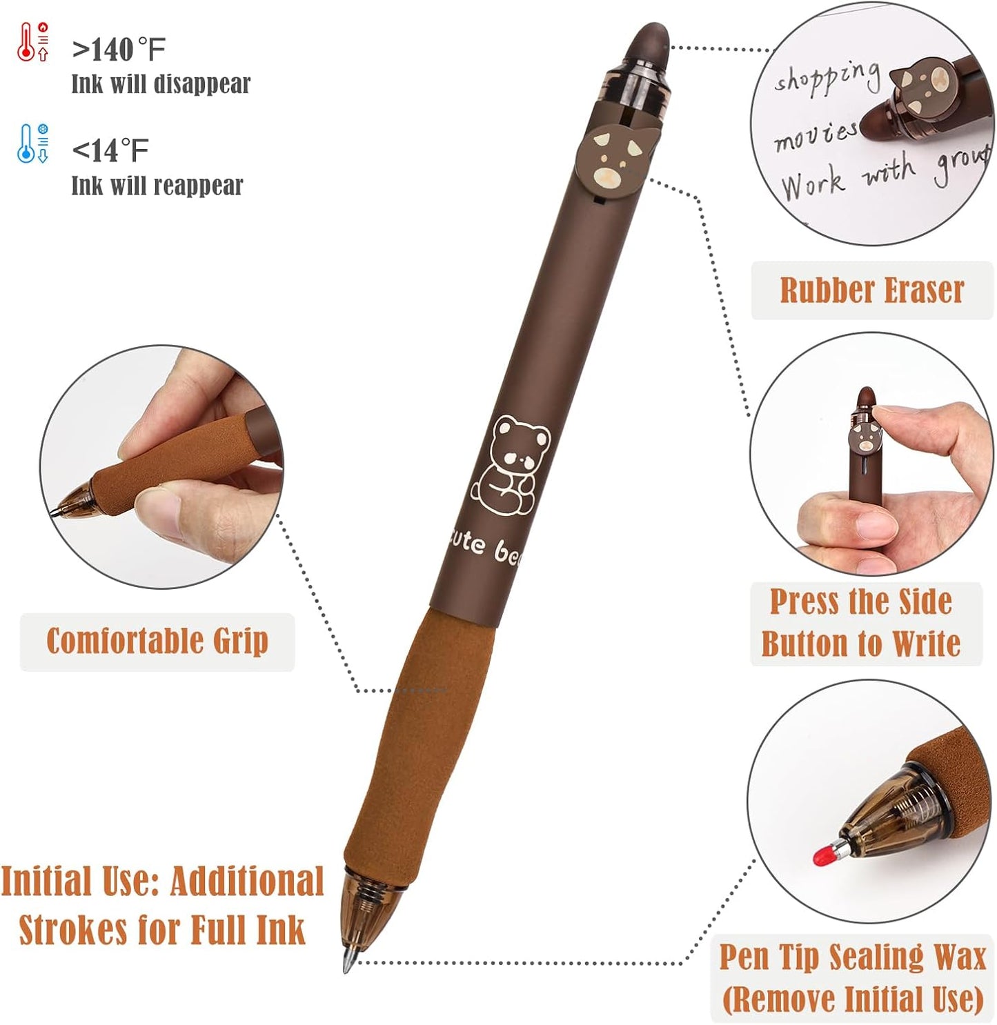 BAYTORY 8Pcs Cute Retractable Erasable Gel Pens, Blue and Black Ink Pen with Eraser Clear, Smooth Writing Comfortable to Use for Note Taking Marking Planner Crossword Puzzles (Coffee)