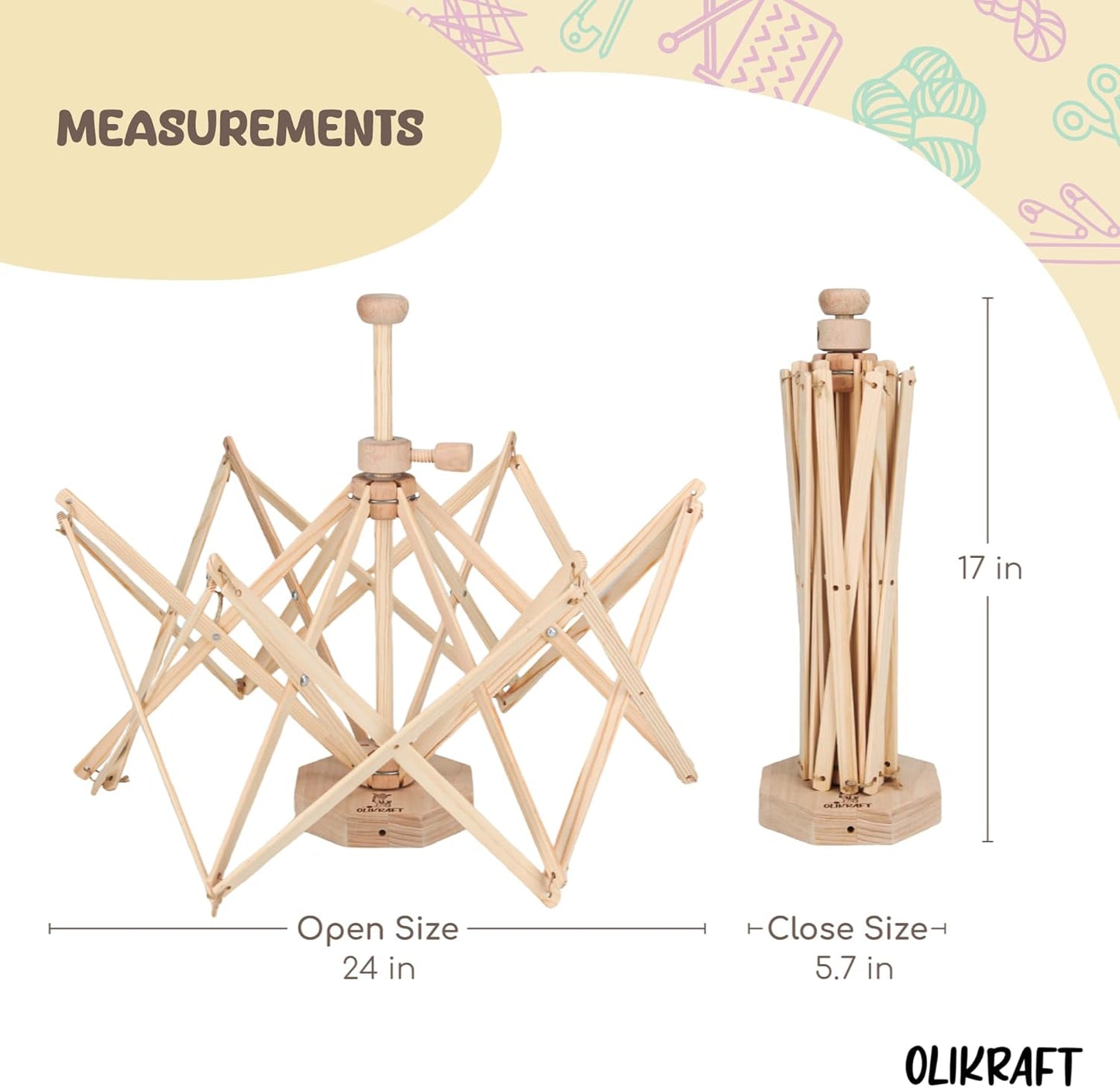 Olikraft Wooden Yarn Swift | Lightweight Reverse Yarn Umbrella Swifts | Ball Swift | Skein Winder | No Clamp Required (Patented)