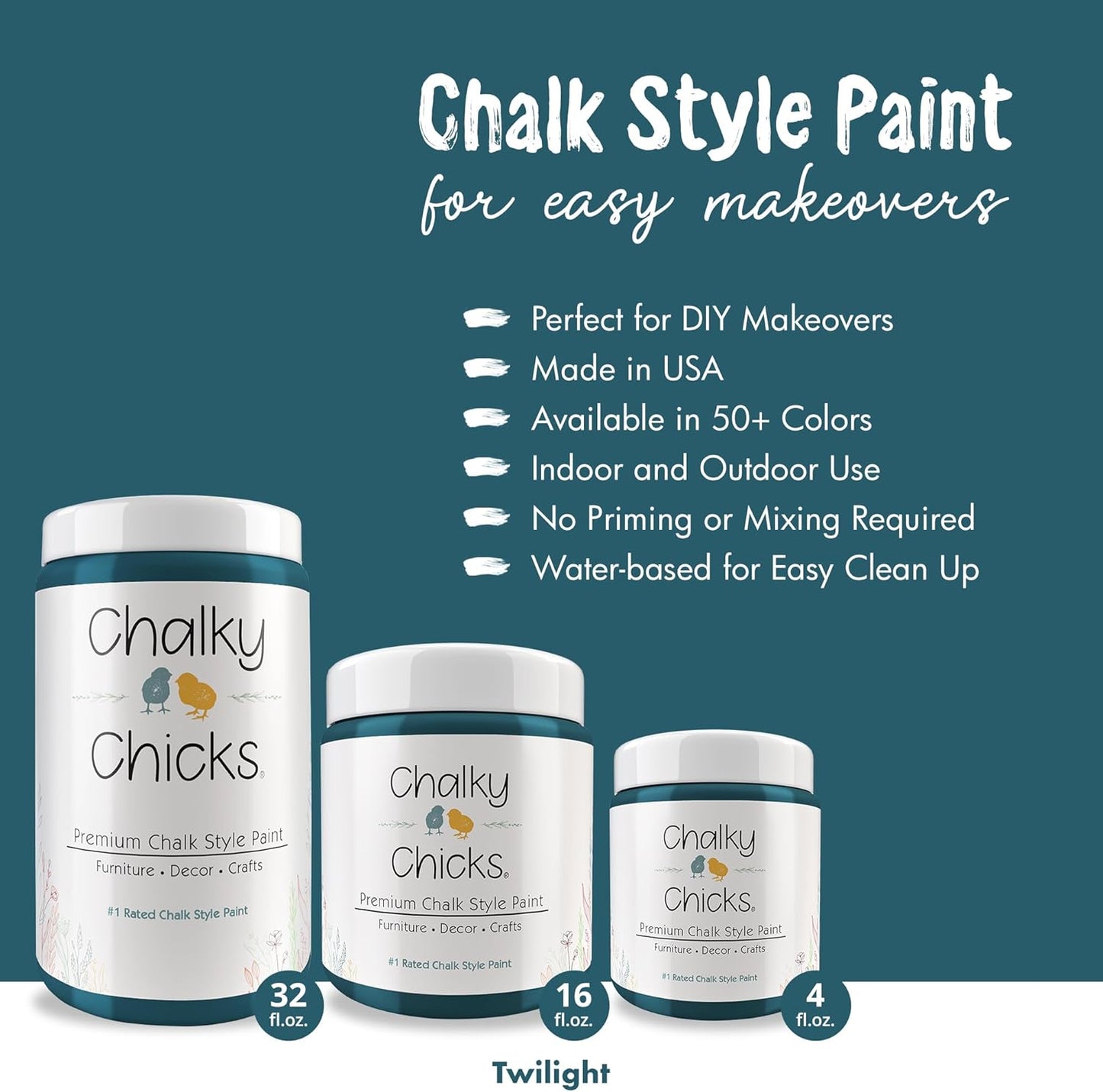 Chalky Chicks All-in-One Chalk Paint for Furniture or Cabinet - 32 Fl Oz - Matte Finish Twilight (Teal Blue) for Metal, Wood Furniture Paint - No Sanding All-in-One for Home Decor & Crafts, USA Made