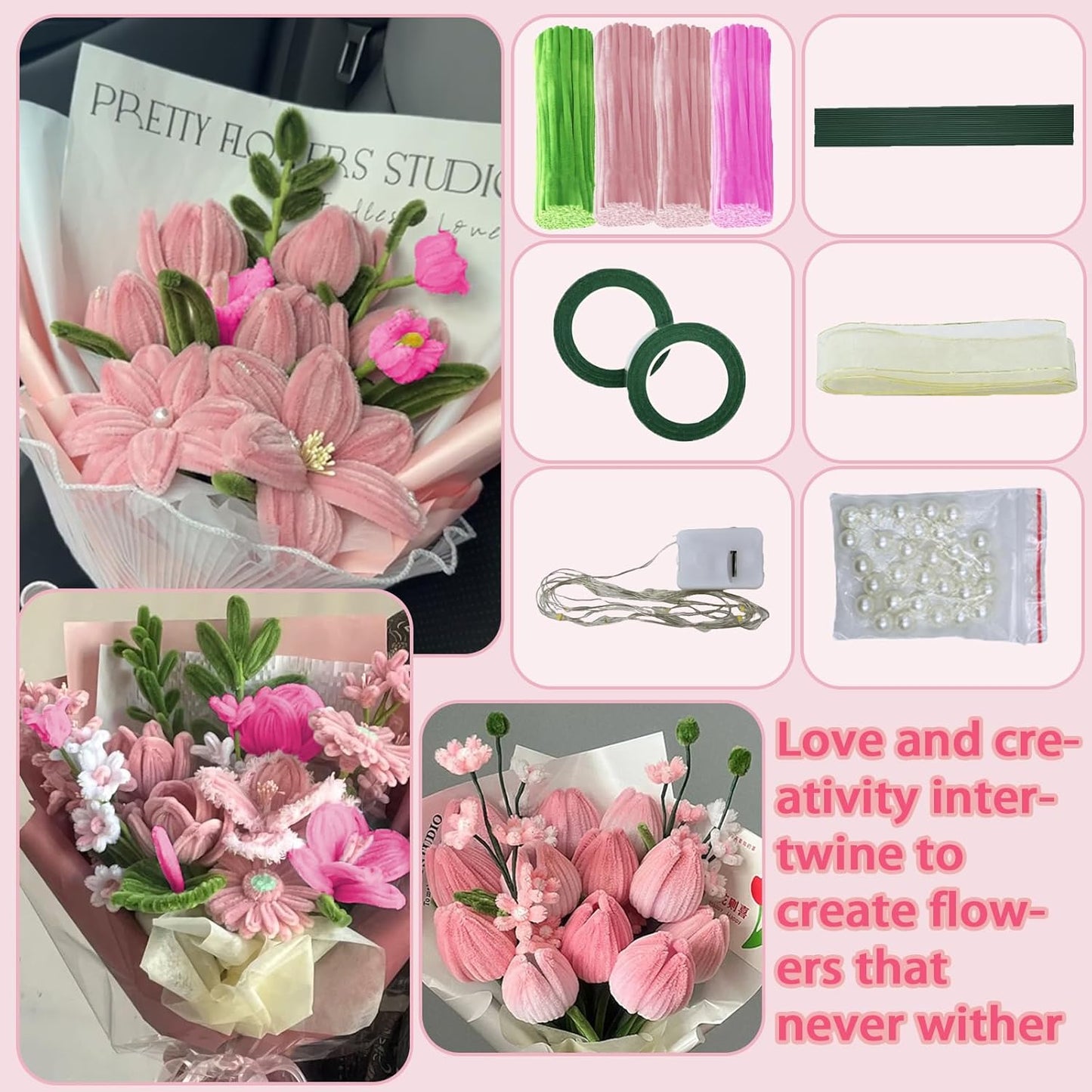 LOLEDE 400Pcs Pipe Cleaners Craft Kit, 3 Colors Chenille Stems for DIY Artificial Flower Making with Floral Wires, Gardening Tape, LED String Lights, Pearl Beads & Ribbon (Pink)