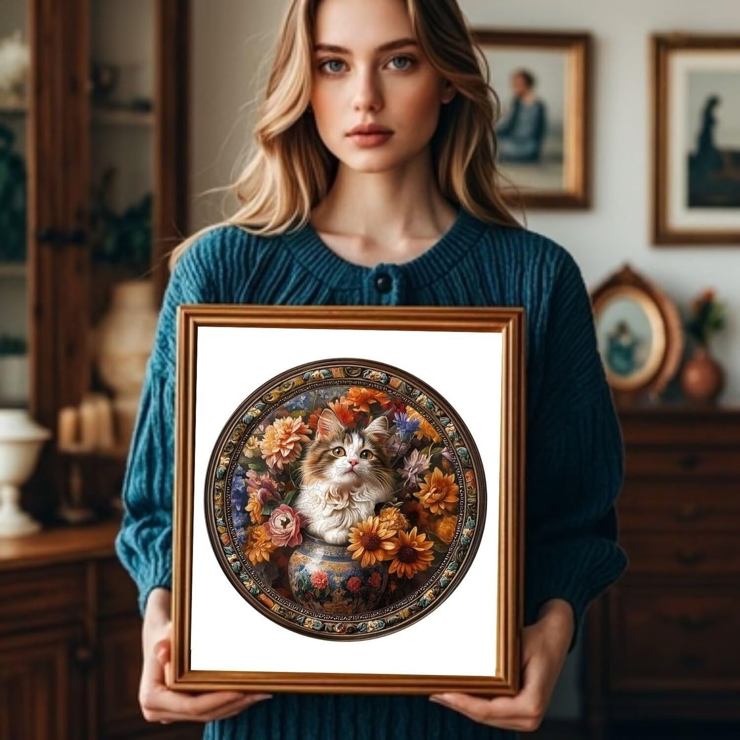 Wooden Puzzles Adults, Beautiful Tricolor Cat Wooden Puzzles 300 Pieces, Unique Animal Shaped Wood Challenging Jigsaw Puzzles Gifts for Adults, 13.4x13.4in