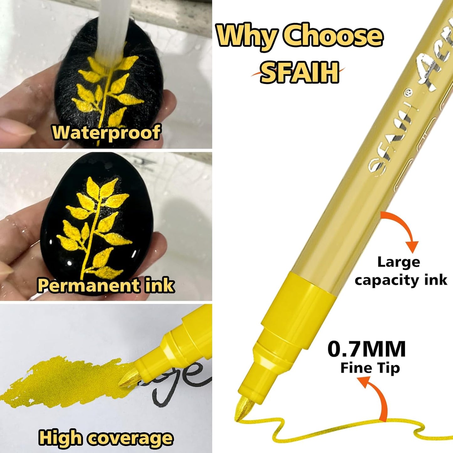 SFAIH Acrylic Gold Paint Pens - 8 Pack 2-3MM Medium Tip & 0.7MM Extra Fine Gold Markers Permanent for Rock, Wood, Metal, Fabric, Plastic, Glass, Ceramic, Diy Crafts, Large Ink Capacity, High Coverage
