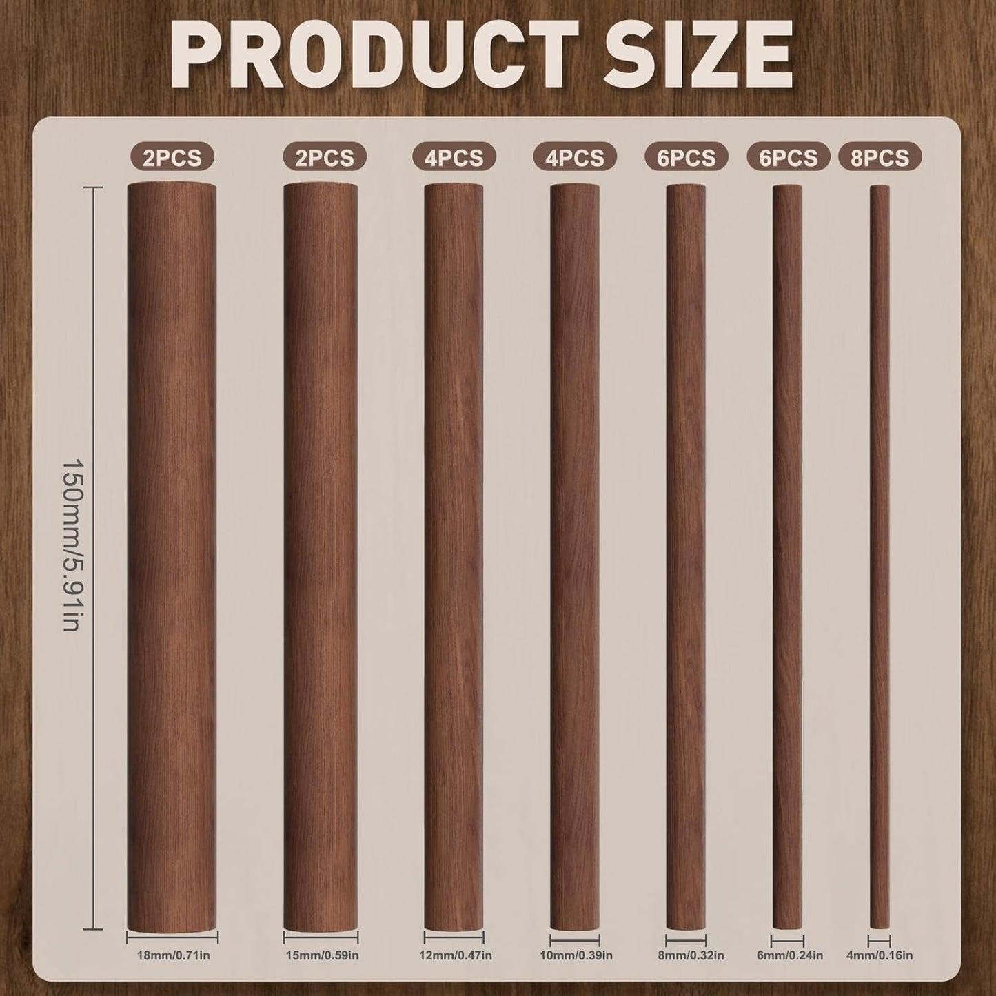 32Pcs 7 Size Walnut Wooden Dowel Rods 5.9Inch Long Wooden Dowel Rods Sticks 4/6/8/10/12/15/18mm Wood Sticks for Crafts Unfinished Round Sticks for Crafts and Woodworking Building Material