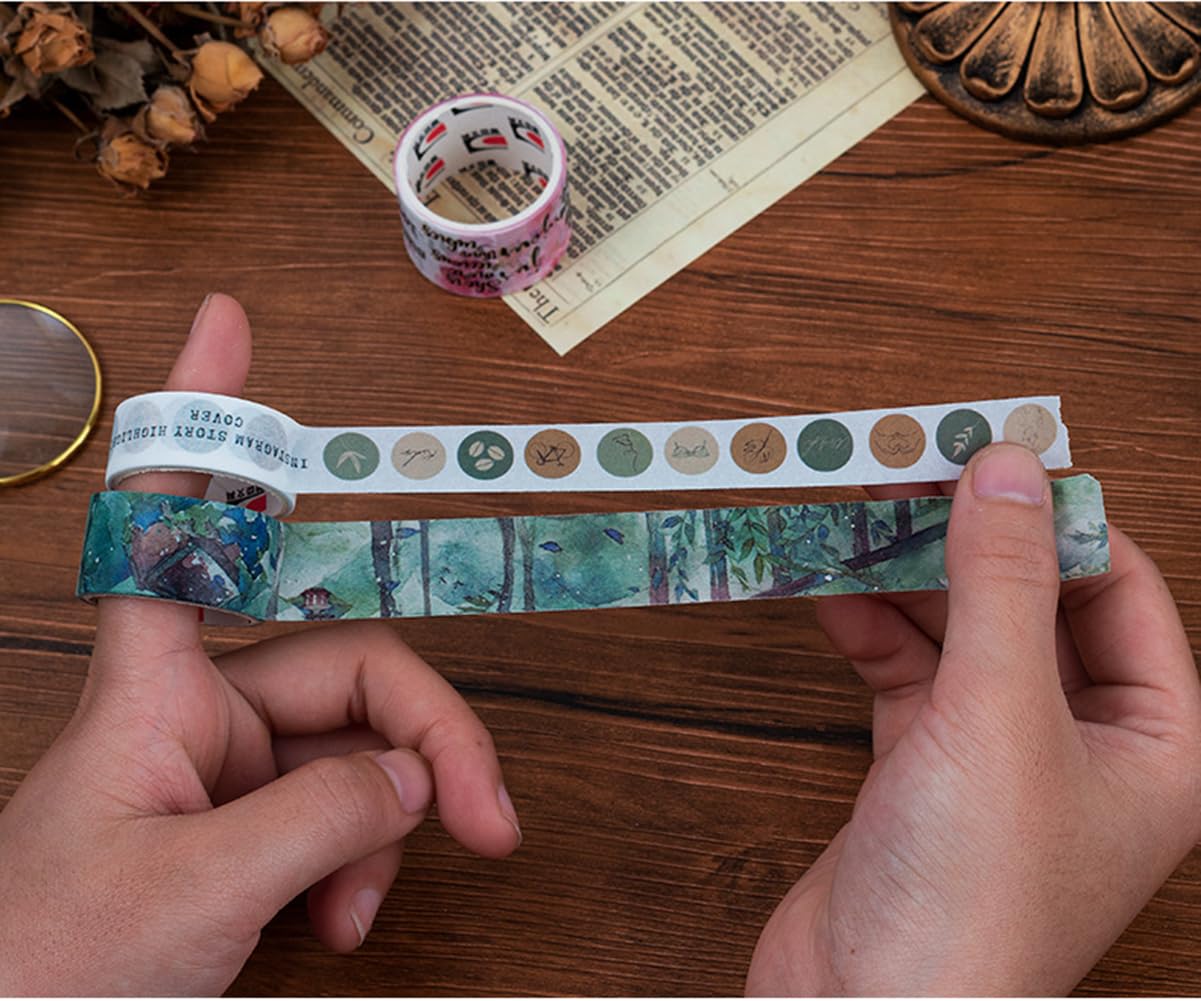 MAFELOE Decorative Vintage Washi Tapes Set 20 Rolls 2 Meters Long, Adhesive Scrapbook Junk Journaling Art Craft Collage Supplies-Forest Dream Series-Green (WT-M4-SLMJ)