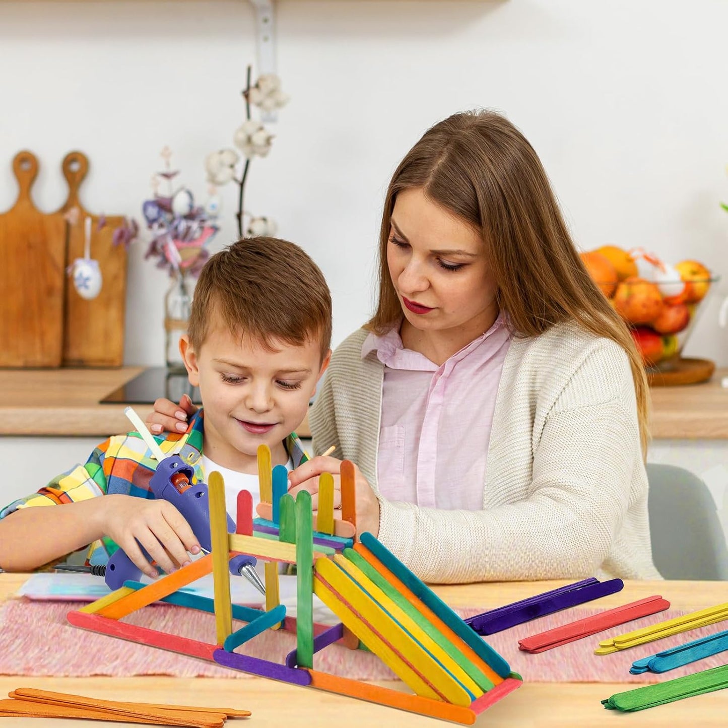 6 inch Colored Wooden Sticks Kits, 400PCS Colorful Rainbow Sticks with Hot Glue Gun and Sticks for Craft Home Popsicle Decoration Project Building Model Kid Classroom Art Craft Supplies