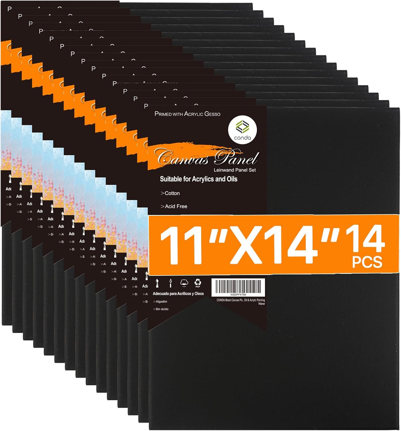 CONDA Black Canvases for Painting 11x14 inch, Pack of 14,100% Cotton Acid-Free, Canvas Panels, 8 oz Gesso-Primed, Art Boards for Oil & Acrylic Painting