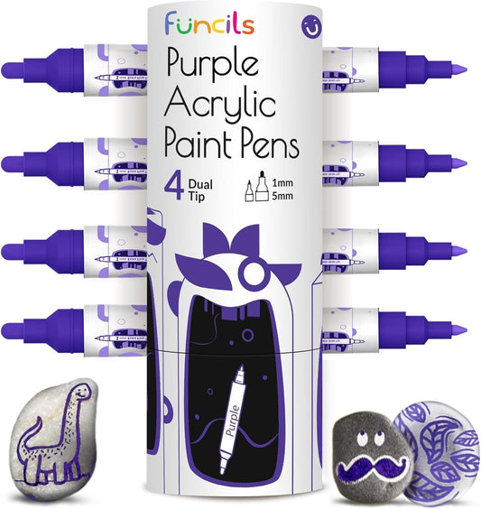 4 Dual Tip Purple Paint Pen Metallic - Fine Tip & Medium Acrylic Paint Markers - Purple Acrylic Markers for Metal, Wood, Rock Painting, Canvas, Ceramic, Glass, Fabric, Plastic - Water based Ink