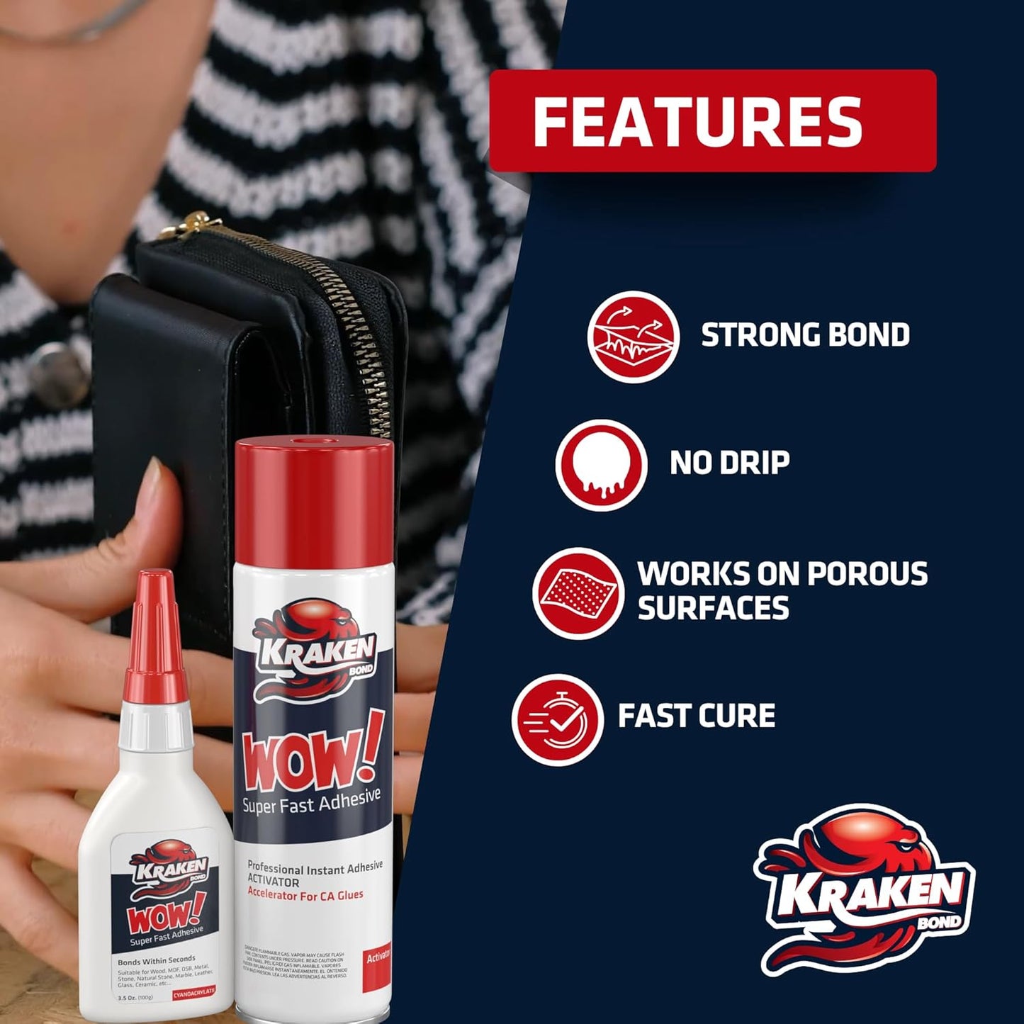 Kraken Bond Wow! CA Glue Set (4x3.5 oz) with Activator (2x13.5 oz) –Super Fast Cyanoacrylate Adhesive Kit for Wood, Plastic, Ceramic, Craft -DIY Repair –4 X Ext. Bottles & 10X Nozzles Inc. 2 Pack