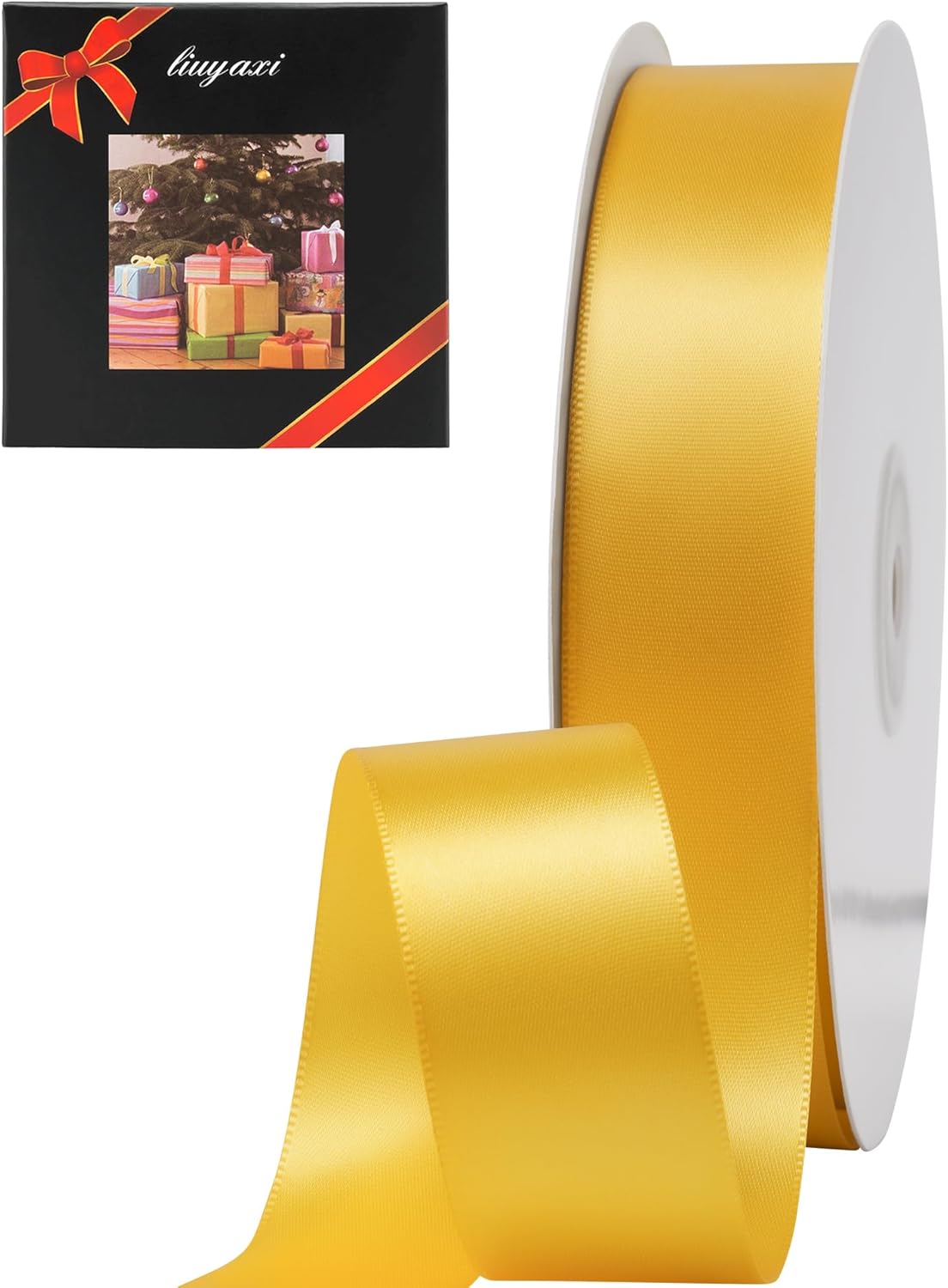 LIUYAXI Yellow Stain Ribbon, 1" X Continuous 50 Yards, Double Faced Fabric Ribbon Perfect for Gift Wrapping Wedding Birthday Party Chair Sash Christmas Hair Floral Craft Sewing