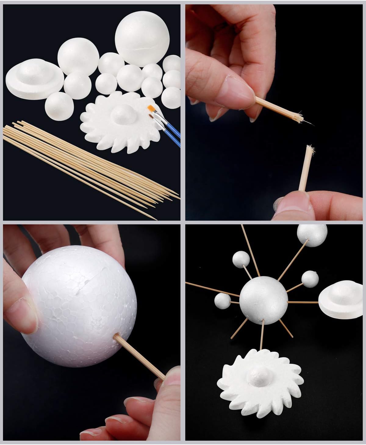 Pllieay Solar System Model Foam Ball Kit Includes 14PCS Mixed Sized Polystyrene Spheres Balls, 12PCS Bamboo Sticks, 12 Color Pigments, 2PCS Painting Brushes for School Science Projects