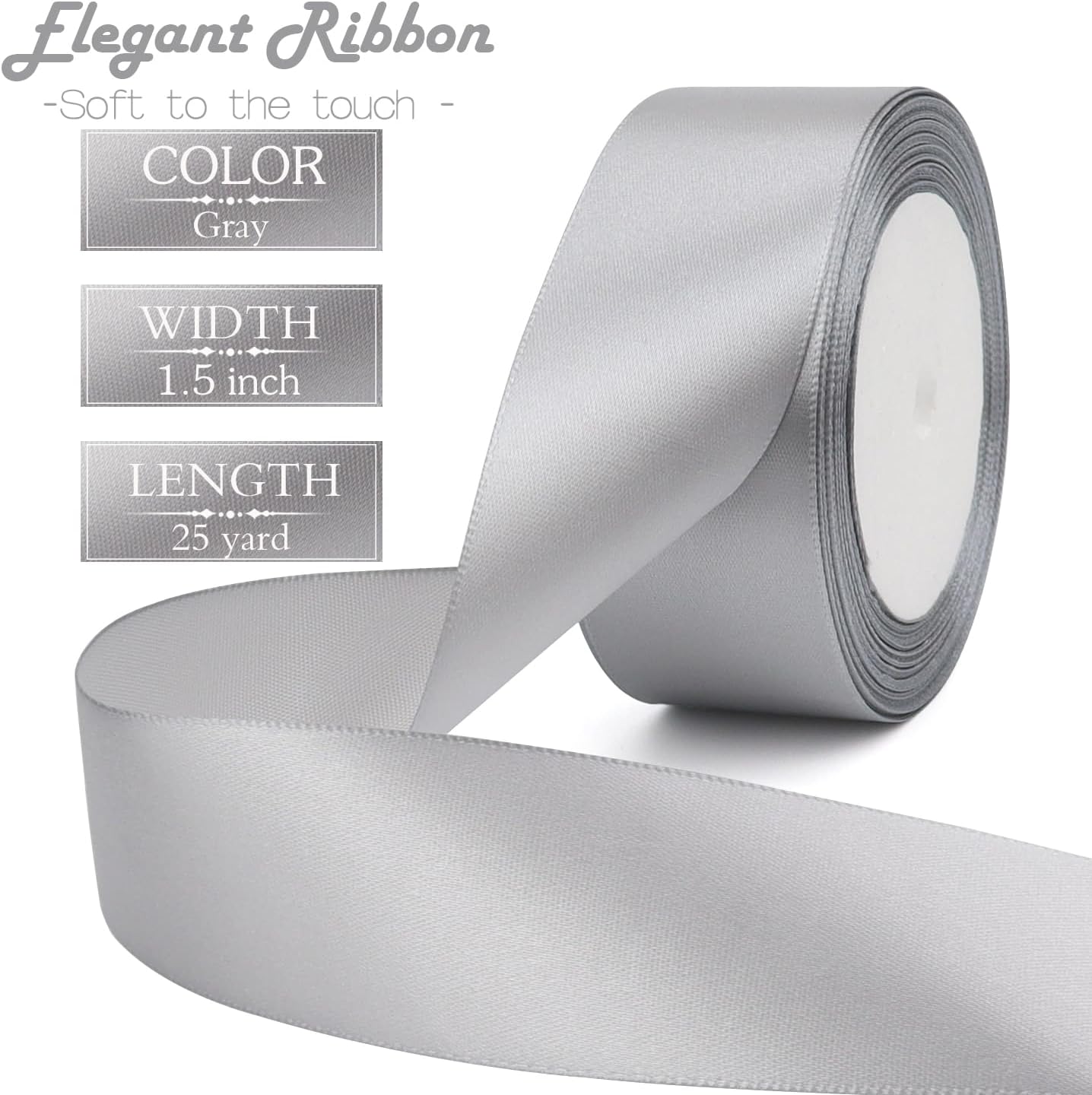Gray Solid Satin Ribbon 1-1/2 Inch 25 Yards Solid Polyester Fabric Ribbon for Gift Wrapping Wedding Christmas Baby Shower Birthday Party Decoration Handmade Immortal Flower Craft