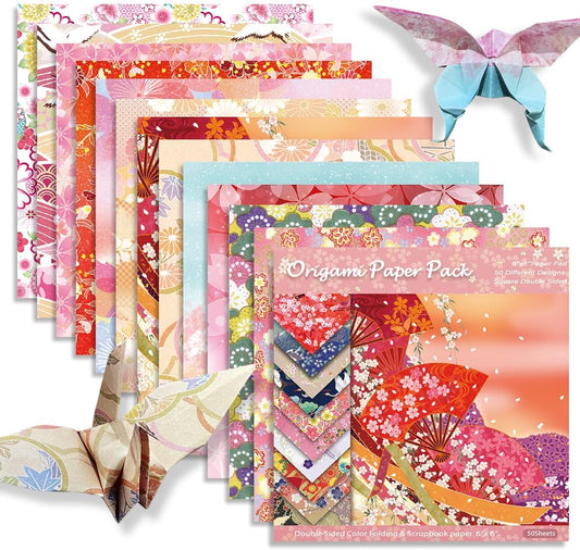 Square Origami Paper 6x6 Double Sided 50 Sheets 50 Colors 70GSM Origami Kit Japanese Chiyo Easy Fold Arts Crafts DIY Handwork Beginner Oriental Cherry