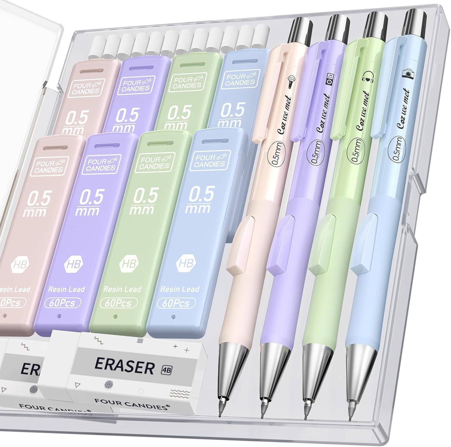 Four Candies Cute Mechanical Pencil Set with Case, 4PCS 0.5mm Pastel Fast Click Aesthetic Mechanical Pencils with 480PCS HB Lead Refills, 2 Erasers, 12 Eraser Refills School Supplies for Girls Writing