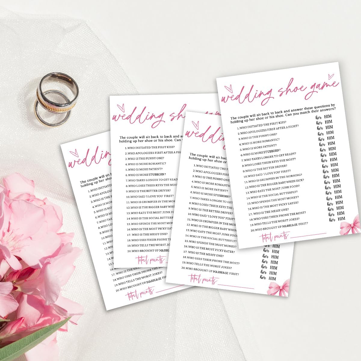 Wedding Shower Games Cards, Wedding Shoe Game, Bridal Shower Games 25 Guests, Engagement Party Wedding Games for Guests, Pink Ribbon Bow Wedding Party Supplies - E04
