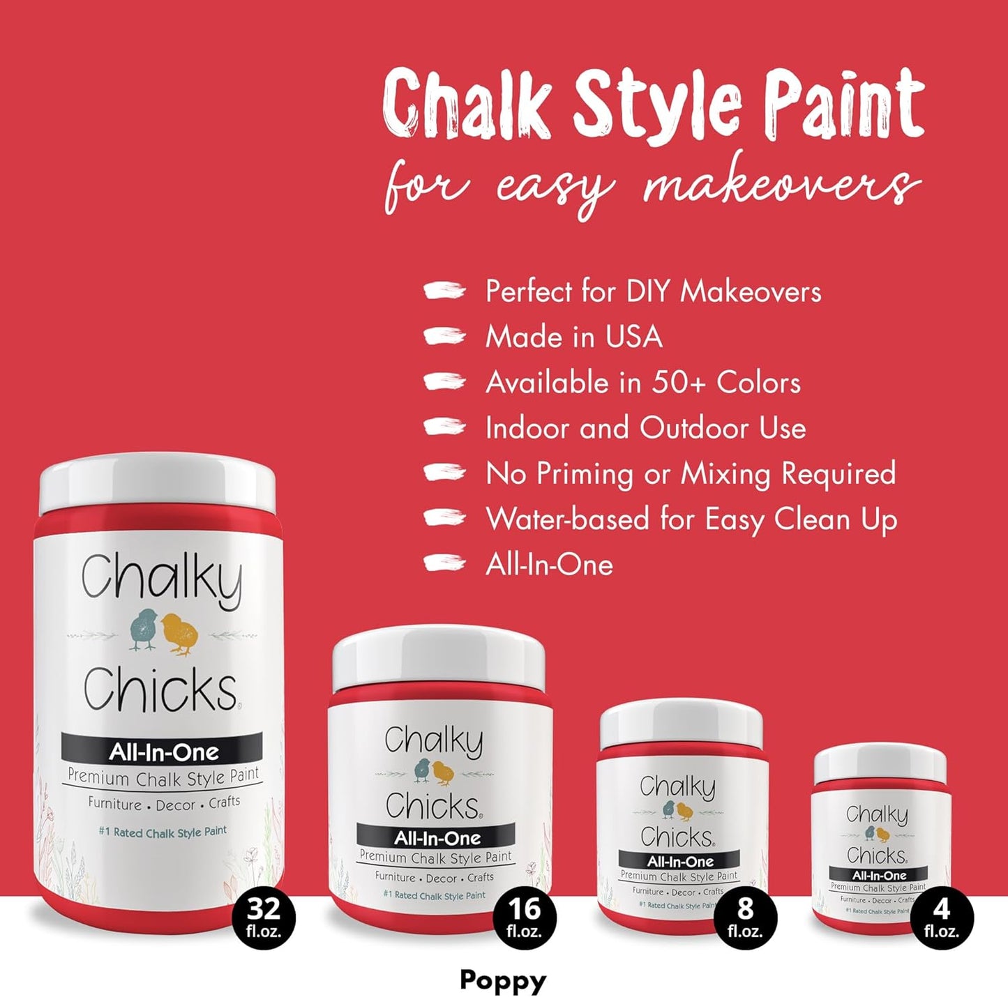 Chalky Chicks All-in-One Chalk Paint for Furniture or Cabinet - 8 Fl Oz - Matte Finish Poppy (Deep Red-Pink) for Metal, Wood Furniture Paint - No Sanding All-in-One for Home Decor & Crafts, USA Made