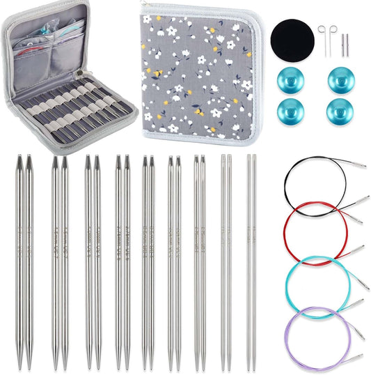 Svartur Lace Interchangeable Circular Knitting Needles, 5" Stainless Steel Interchangeable Knitting Needles Magic Loop for Socks, Gloves, US 0-8 Small Knitting Neeldes Lace-Tip with 4 Assorted Cables