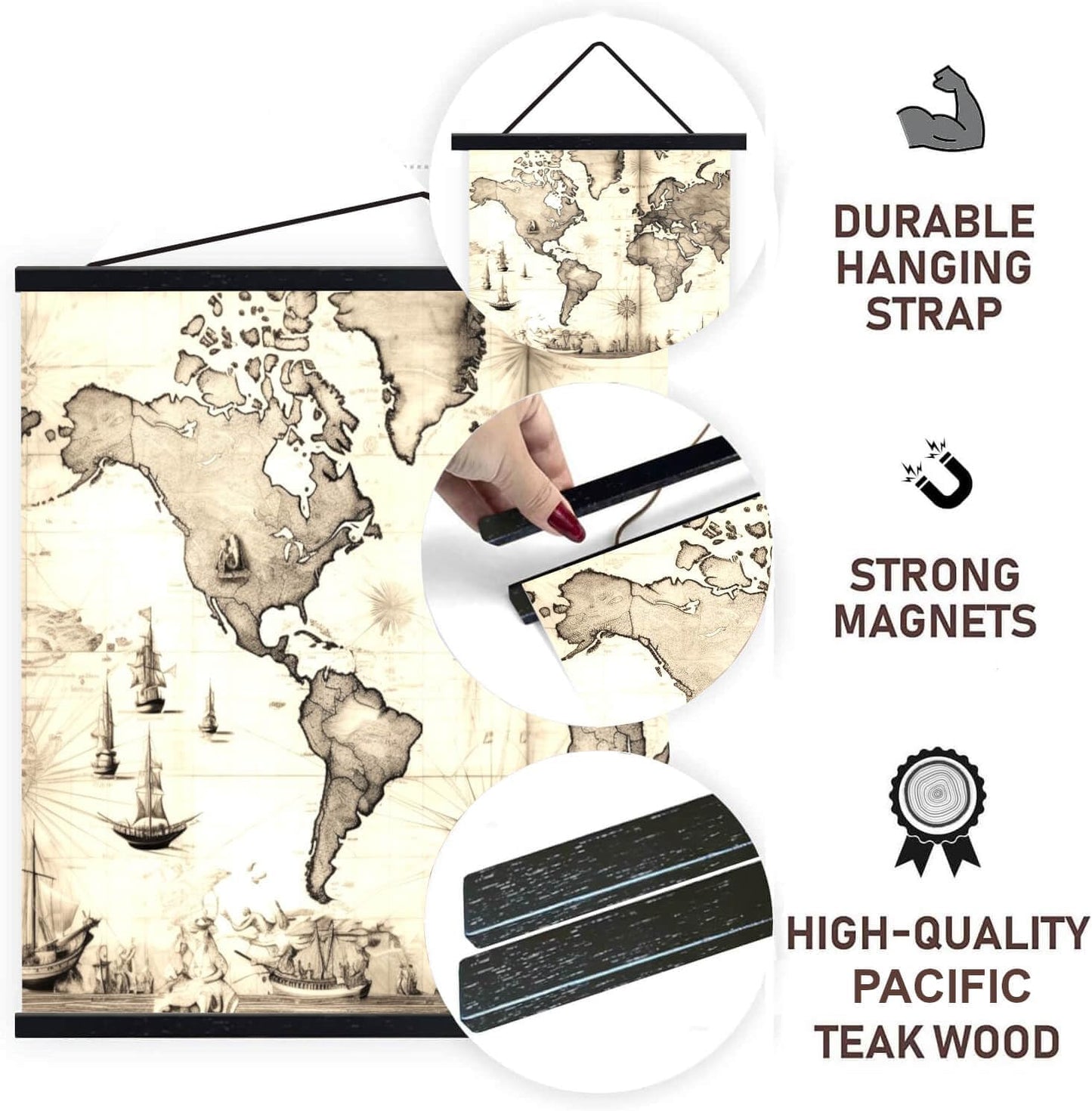 DACRI HOME 70" Magnetic Poster Hanger Frame - Sturdy Teak Wood Poster Frame 70x48 70x50 70x60, Strong Magnets for Easy Hanging Map Picture Canvas Print Scroll Wall Art (70 Inch, Black)